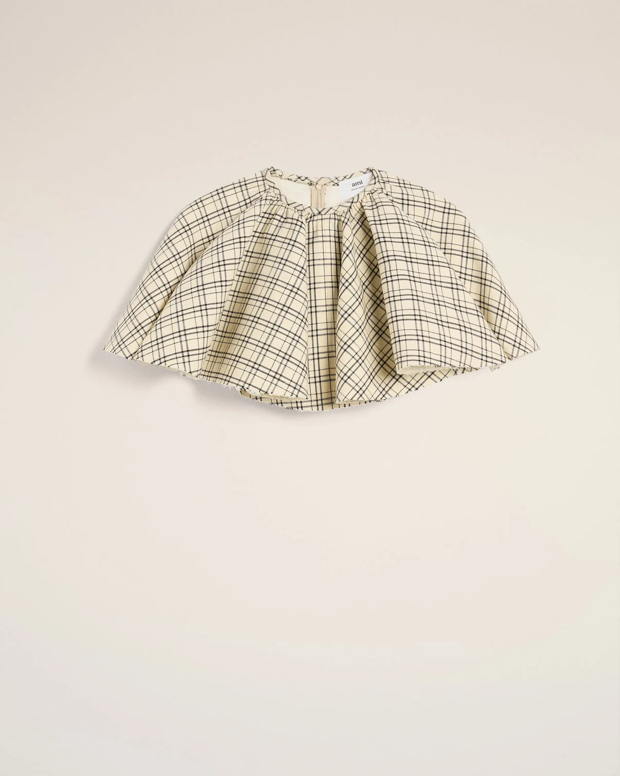 Beige Checked Wool Ruffled Top