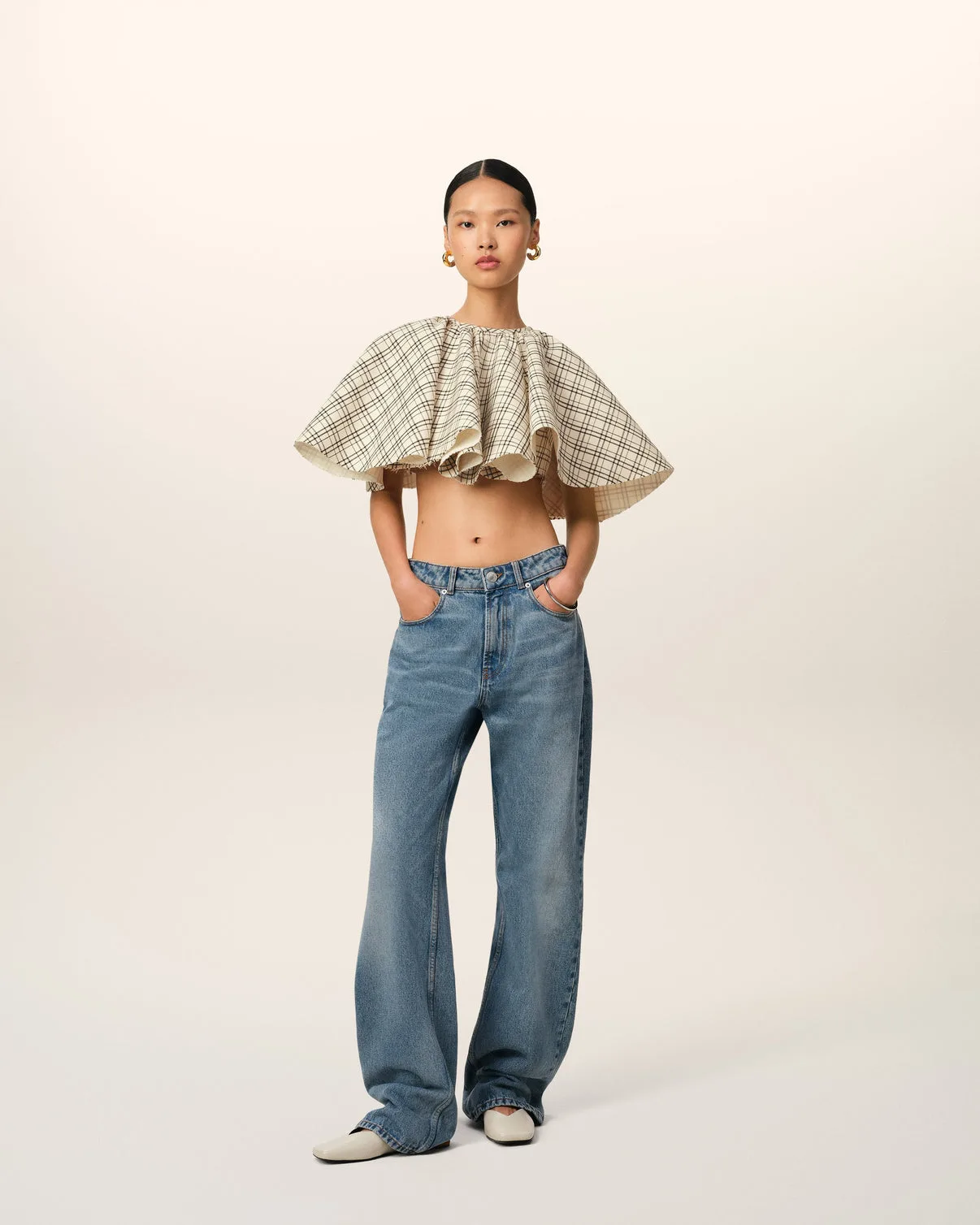 Beige Checked Wool Ruffled Top