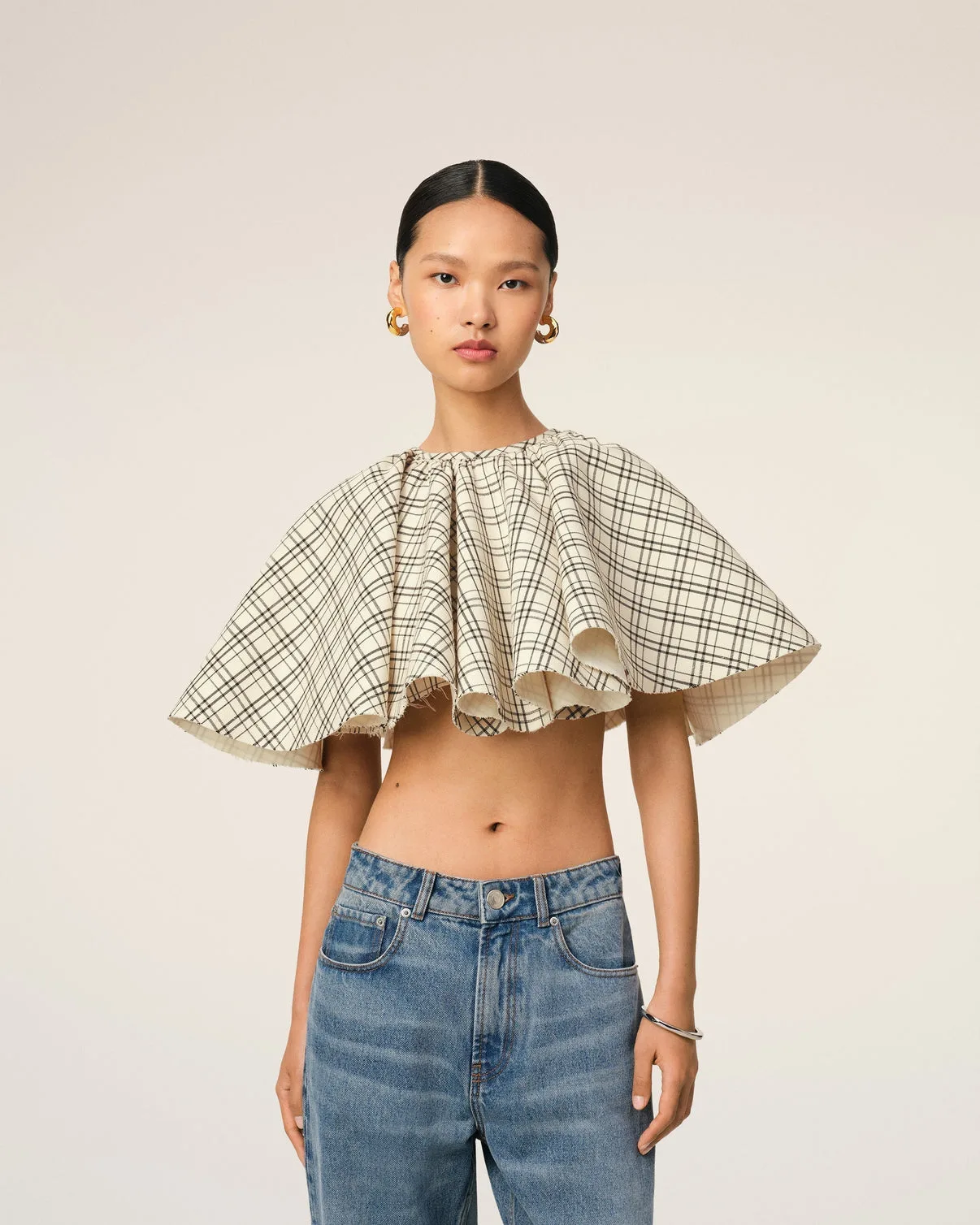 Beige Checked Wool Ruffled Top