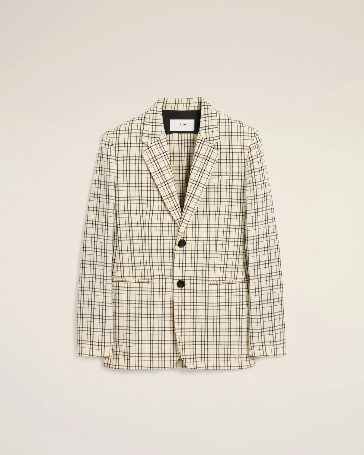 Beige Checked Wool Semi-Lined Jacket