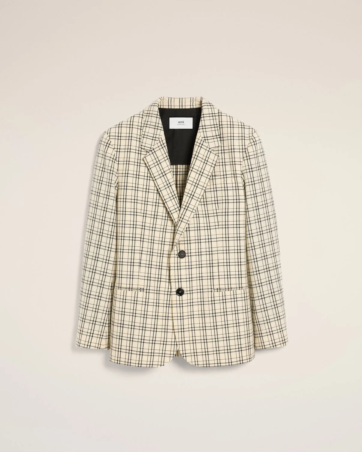 Beige Checked Wool Semi-Lined Jacket