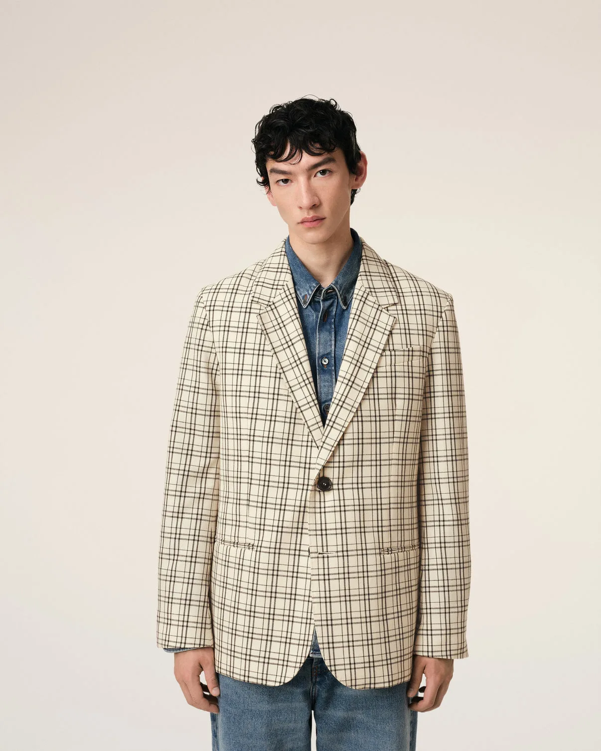 Beige Checked Wool Semi-Lined Jacket