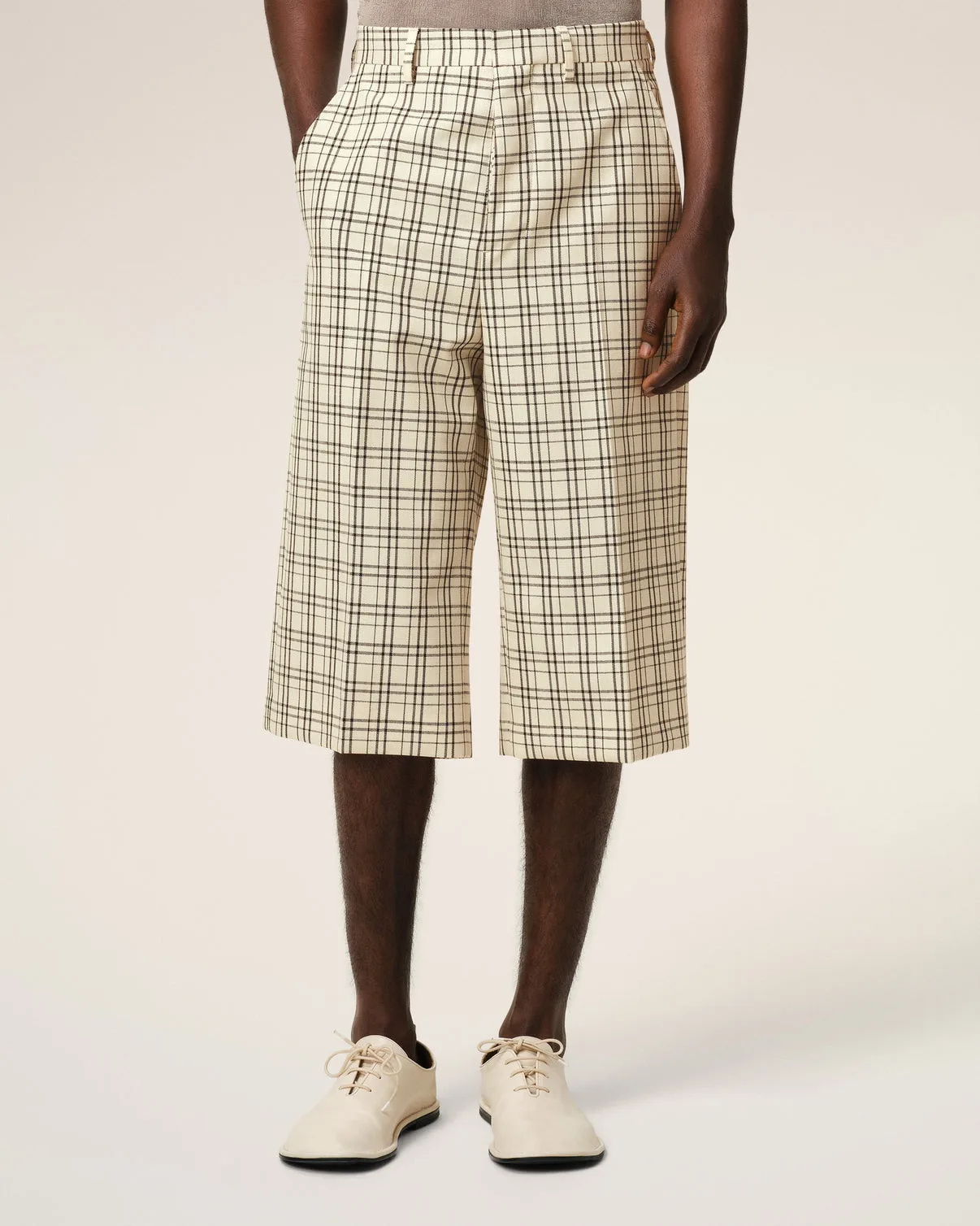 Beige Checked Wool Wide Bermuda
