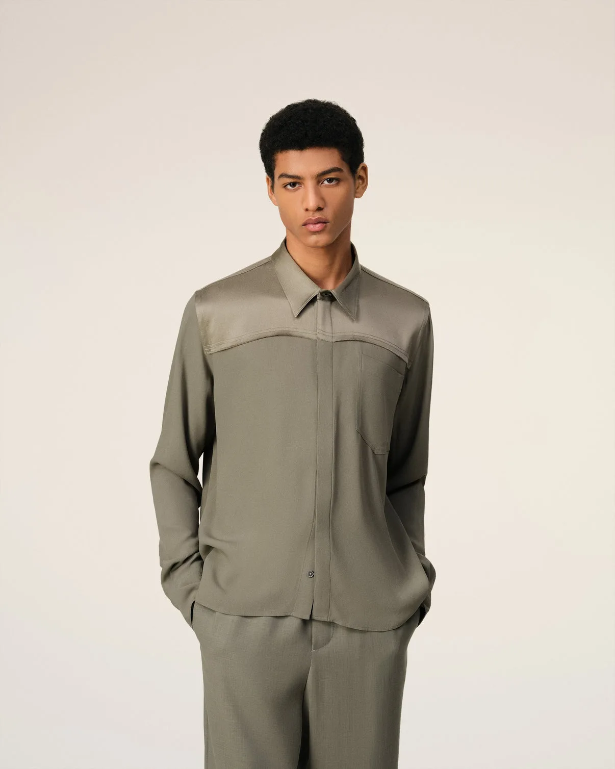 Beige Contrasted Top Long Sleeve Shirt