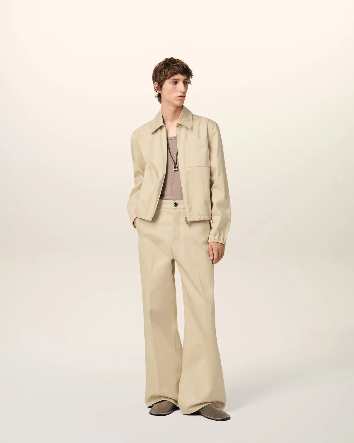 Beige Cotton Baggy Fit Pants