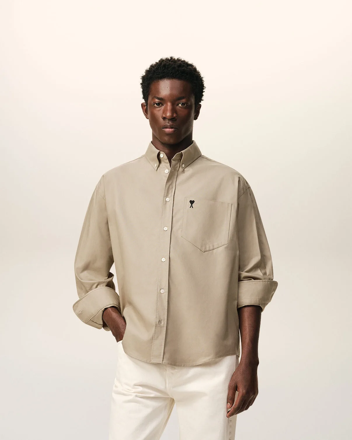 Beige Cotton Boxy Embroidered Shirt