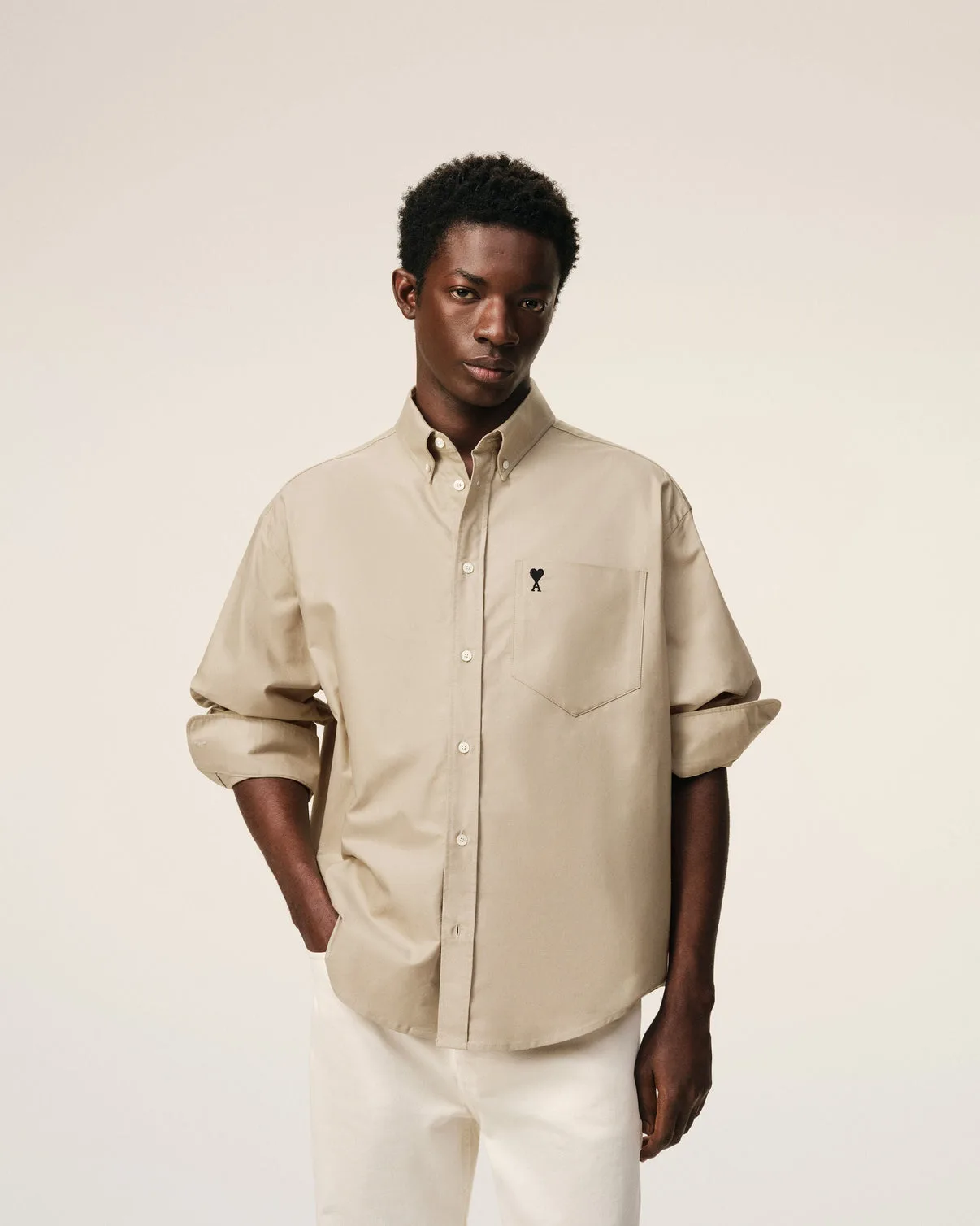 Beige Cotton Boxy Embroidered Shirt