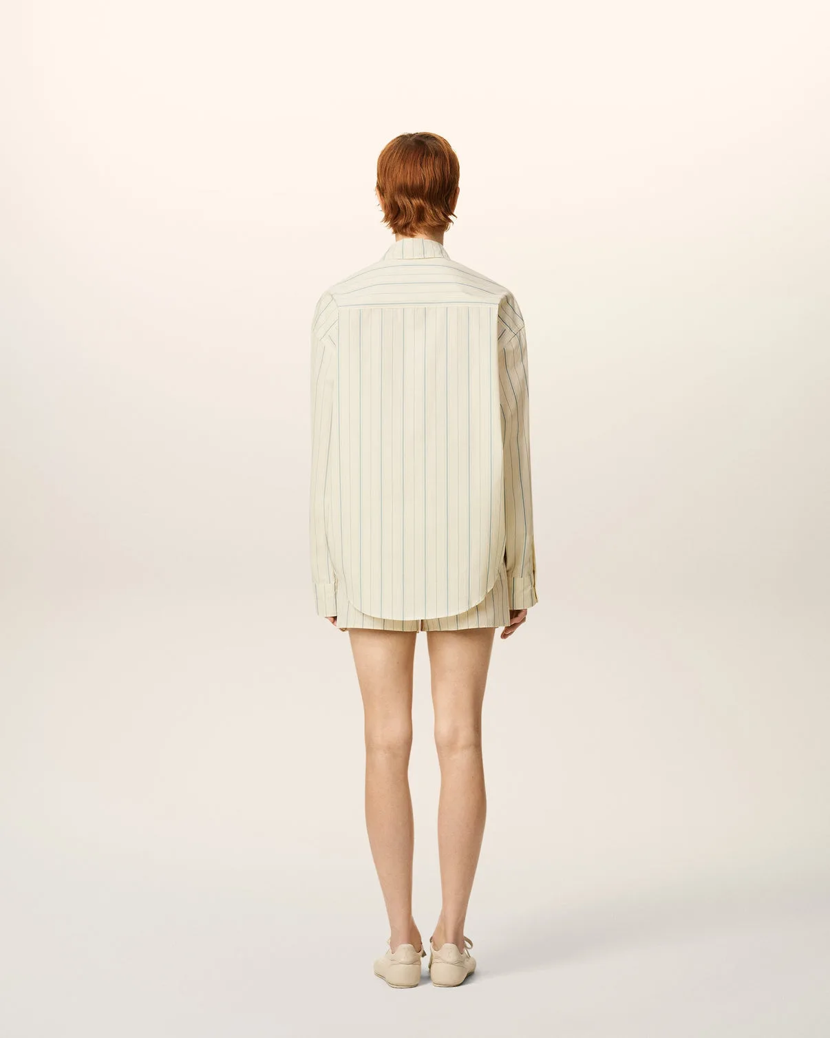 Beige Cotton Boxy Fit Striped Shirt