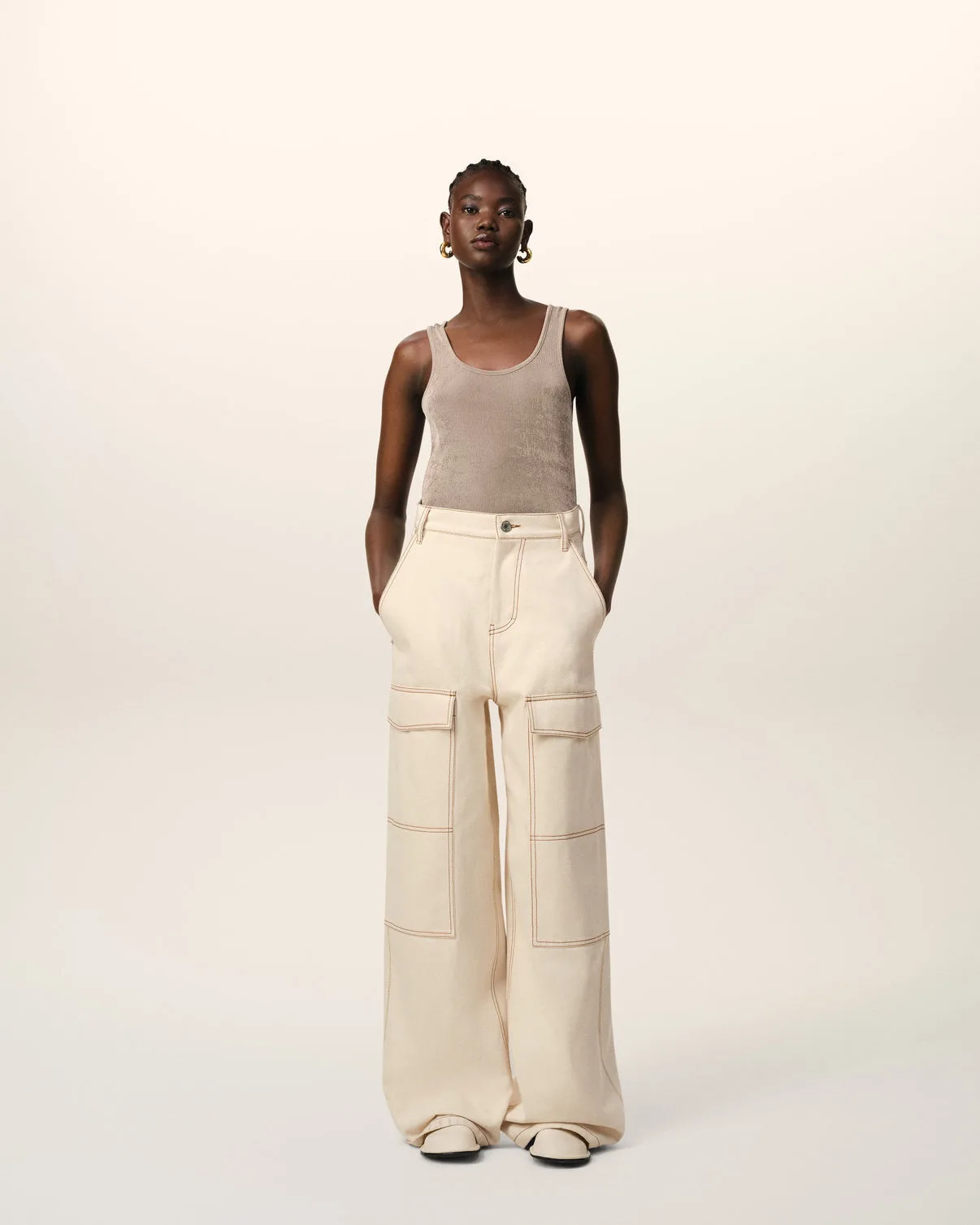 Beige Cotton Cargo Wide Fit Jeans