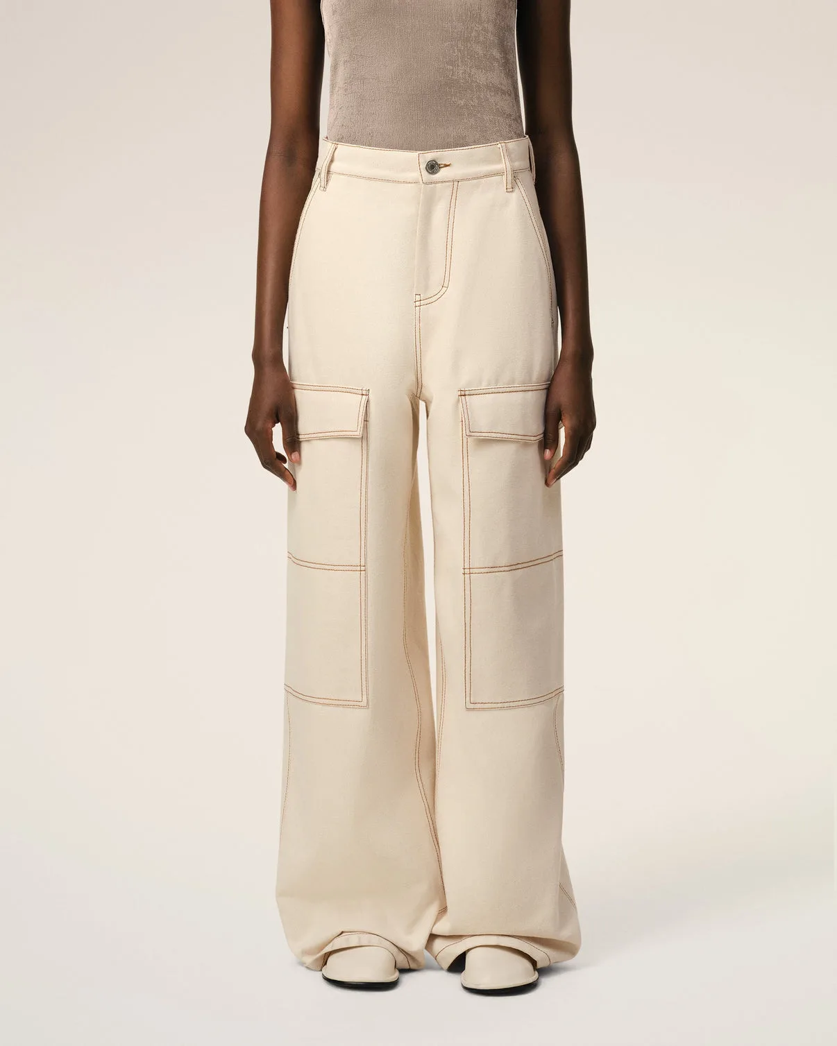 Beige Cotton Cargo Wide Fit Jeans