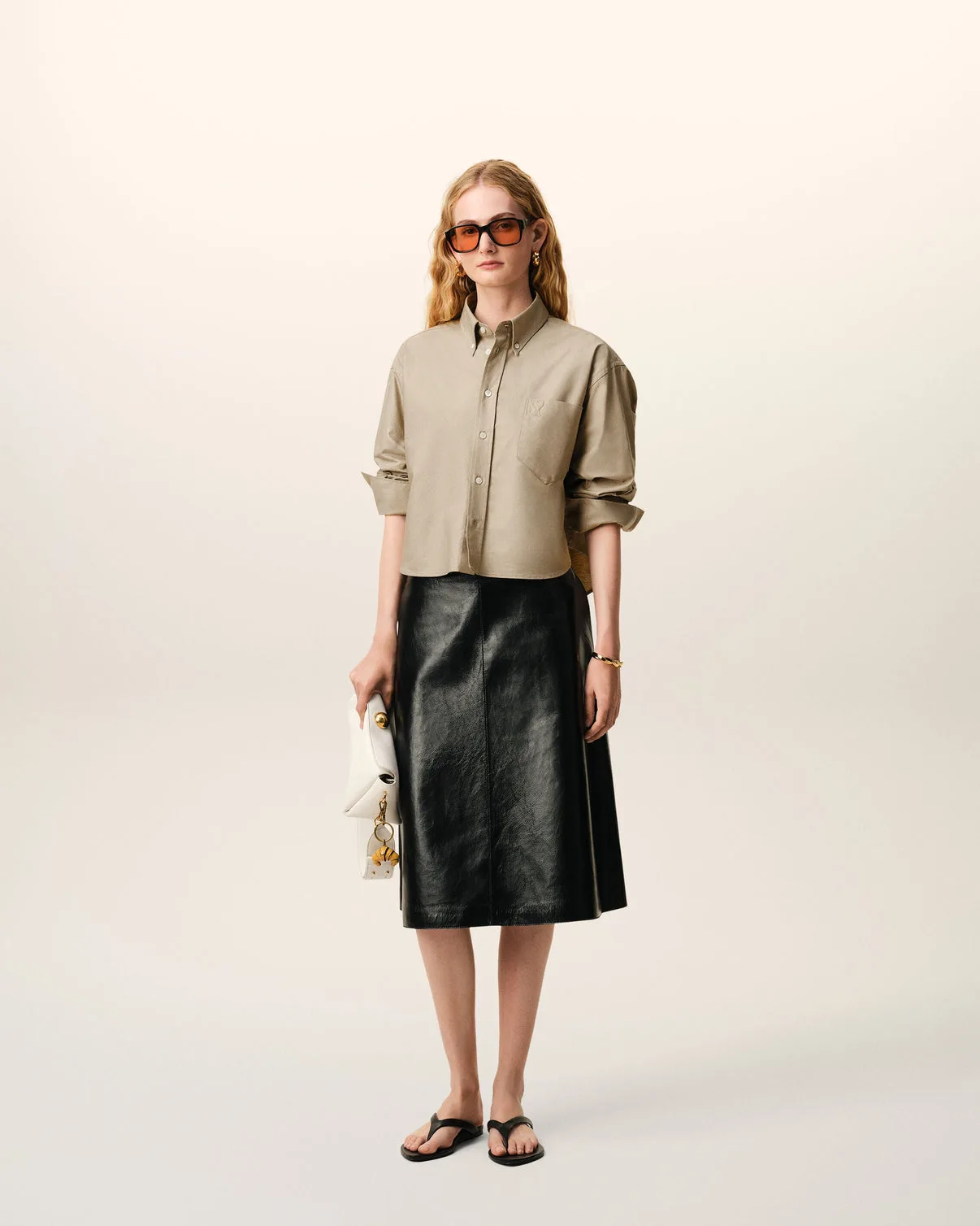 Beige Cotton Cropped Embossed Shirt
