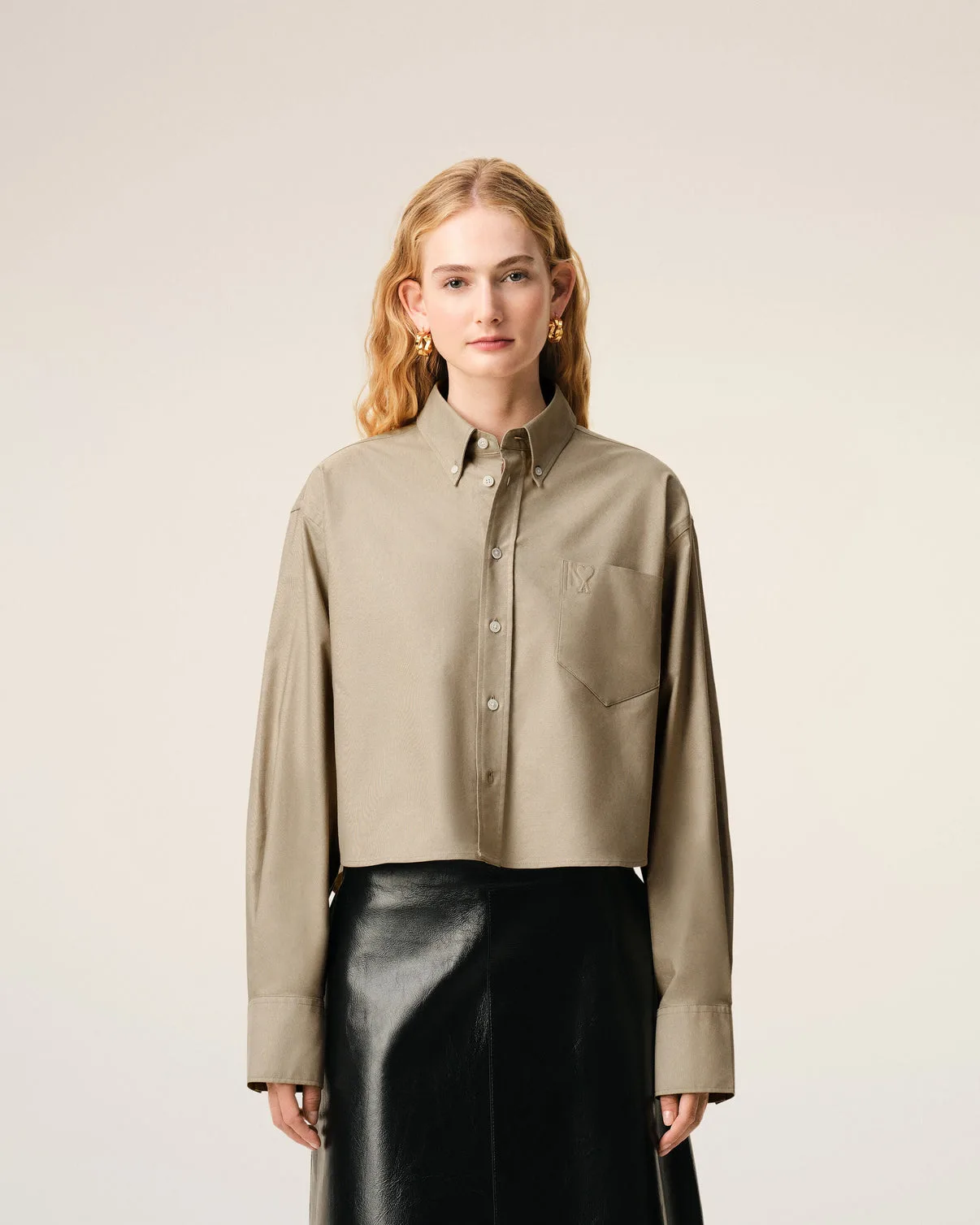 Beige Cotton Cropped Embossed Shirt