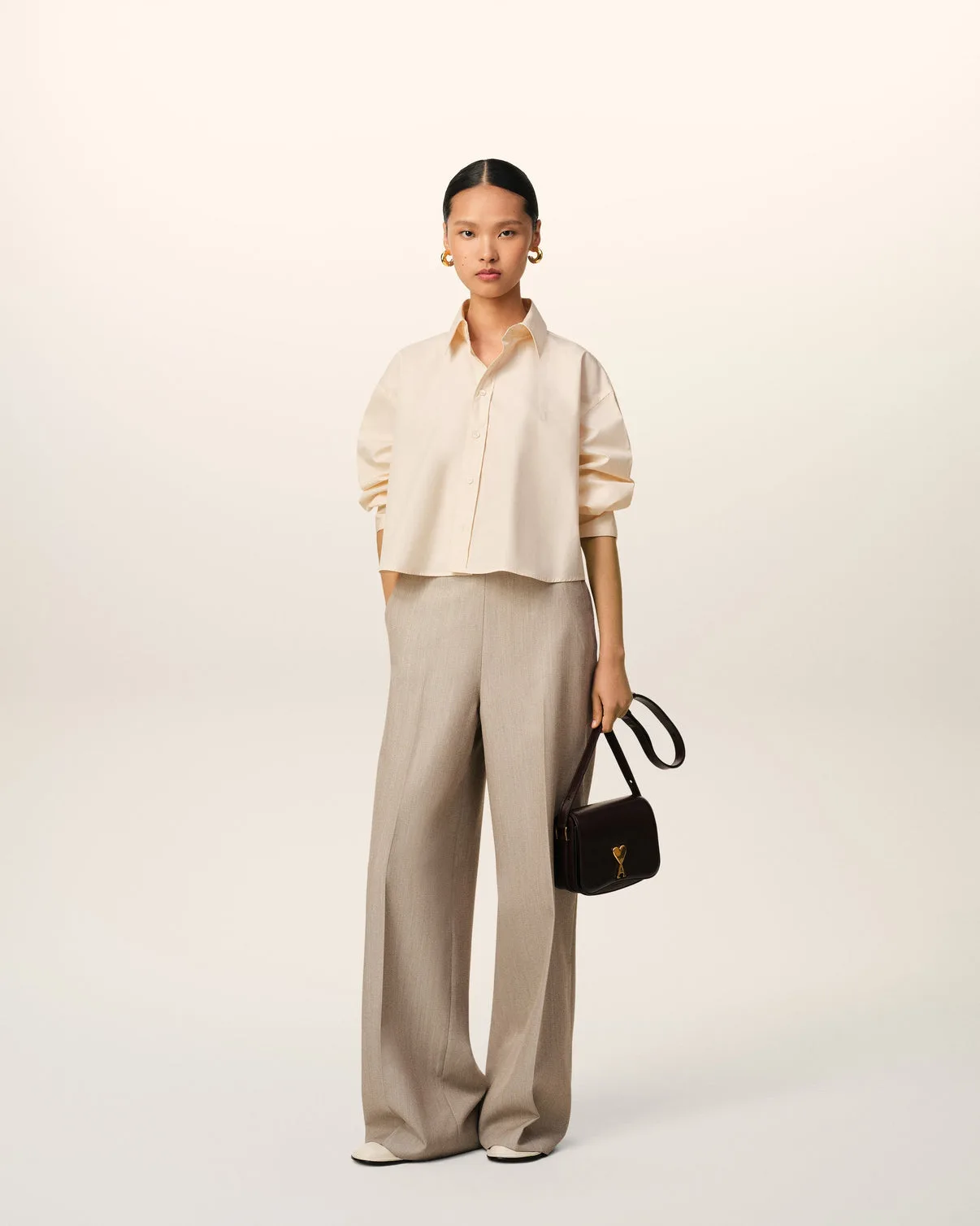 Beige Cotton Cropped Oversized Shirt