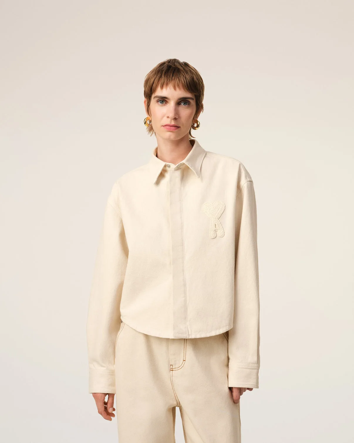 Beige Cotton Cropped Shirt