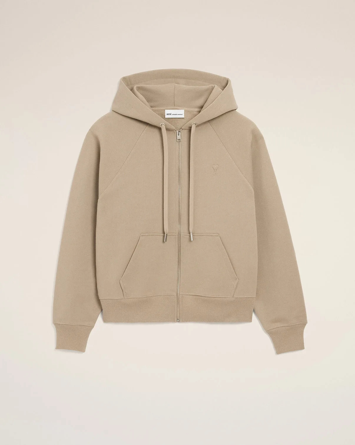 Beige Cotton Embossed Zipped Hoodie