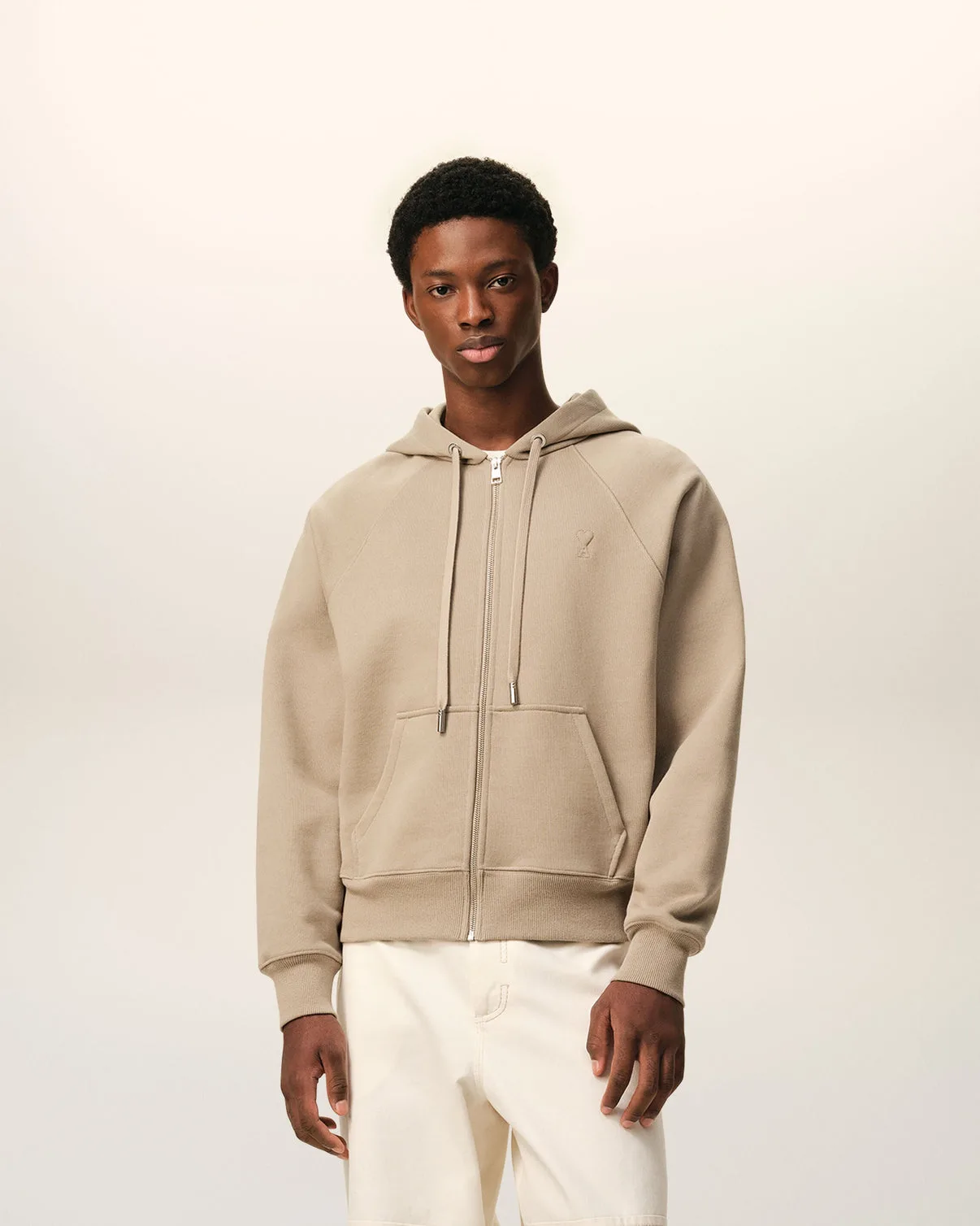 Beige Cotton Embossed Zipped Hoodie