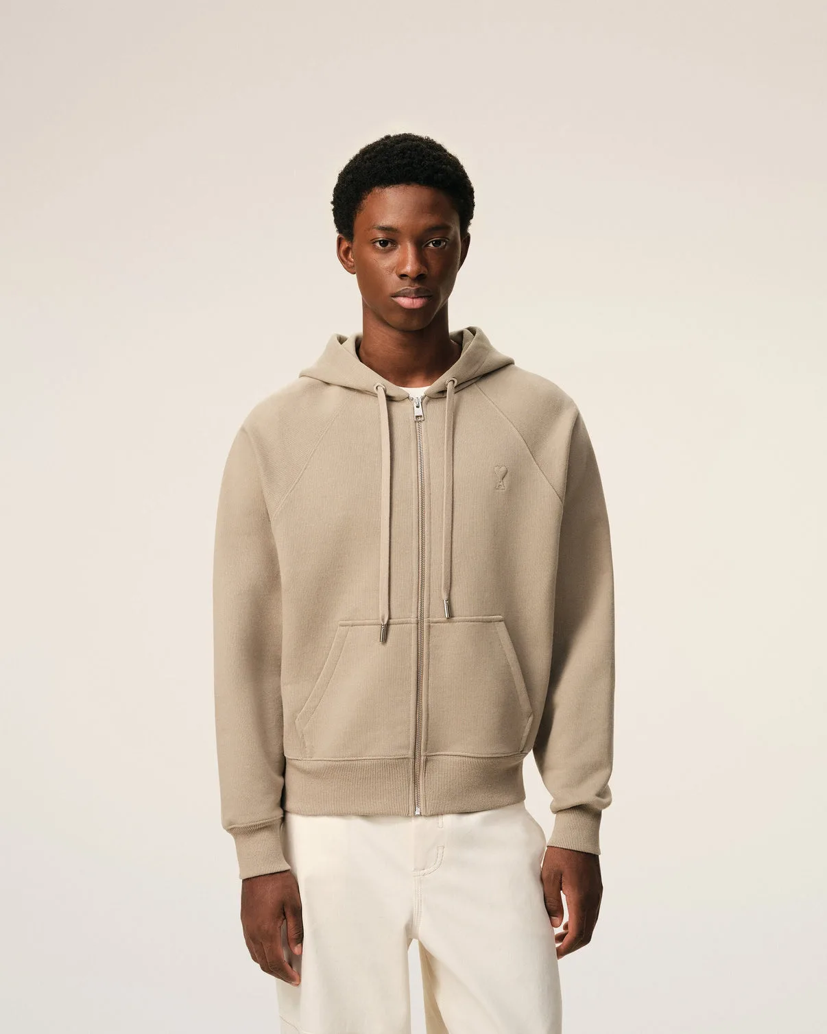 Beige Cotton Embossed Zipped Hoodie