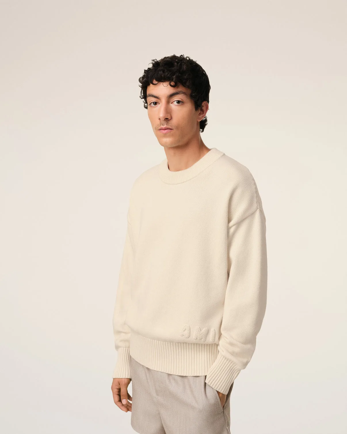 Beige Cotton Embroidered Crewneck Sweater