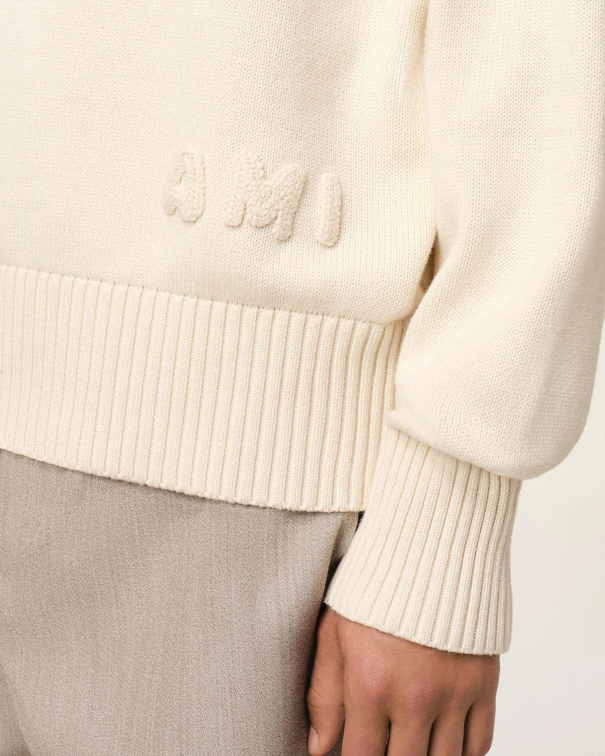 Beige Cotton Embroidered Crewneck Sweater