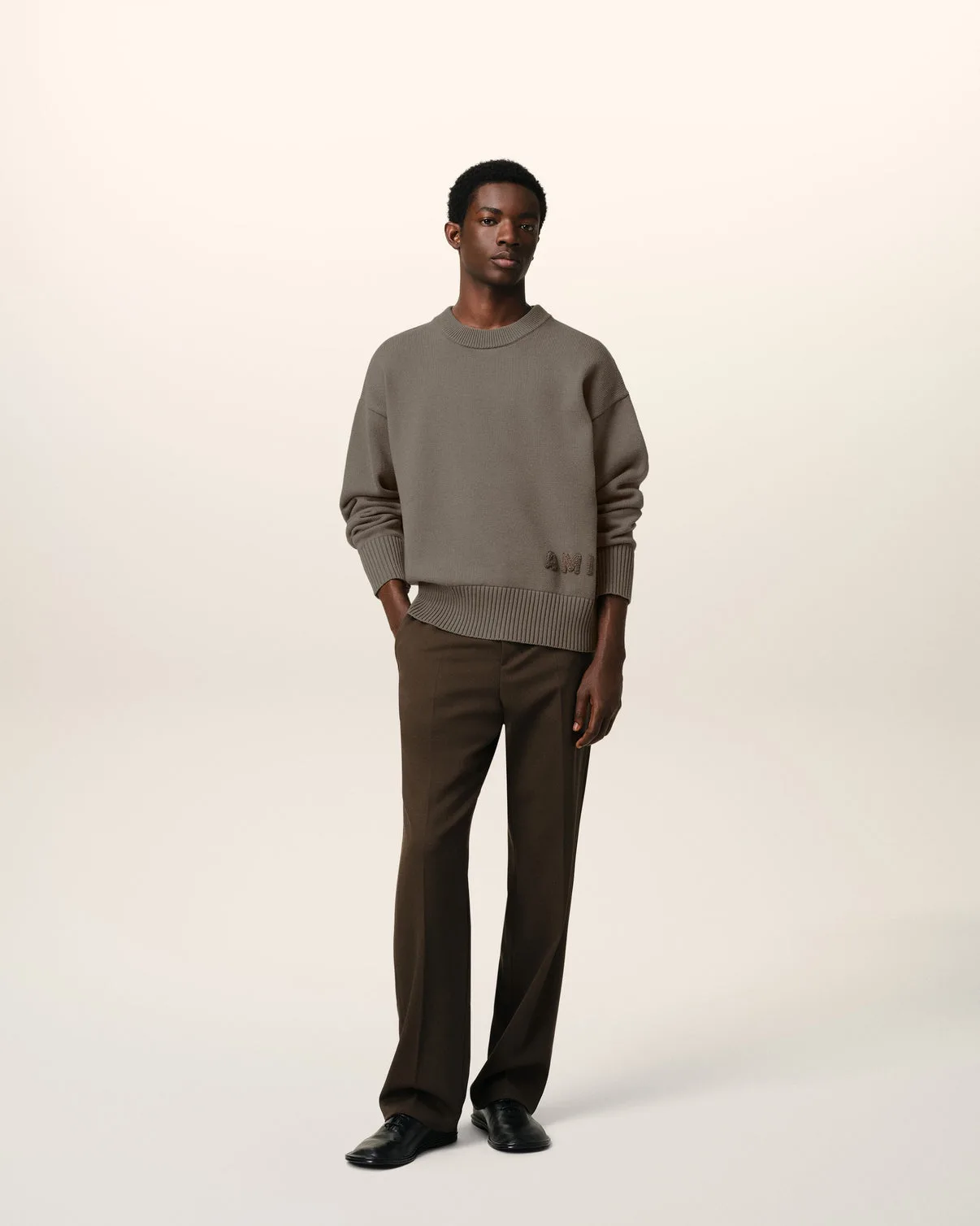 Beige Cotton Embroidered Crewneck Sweater