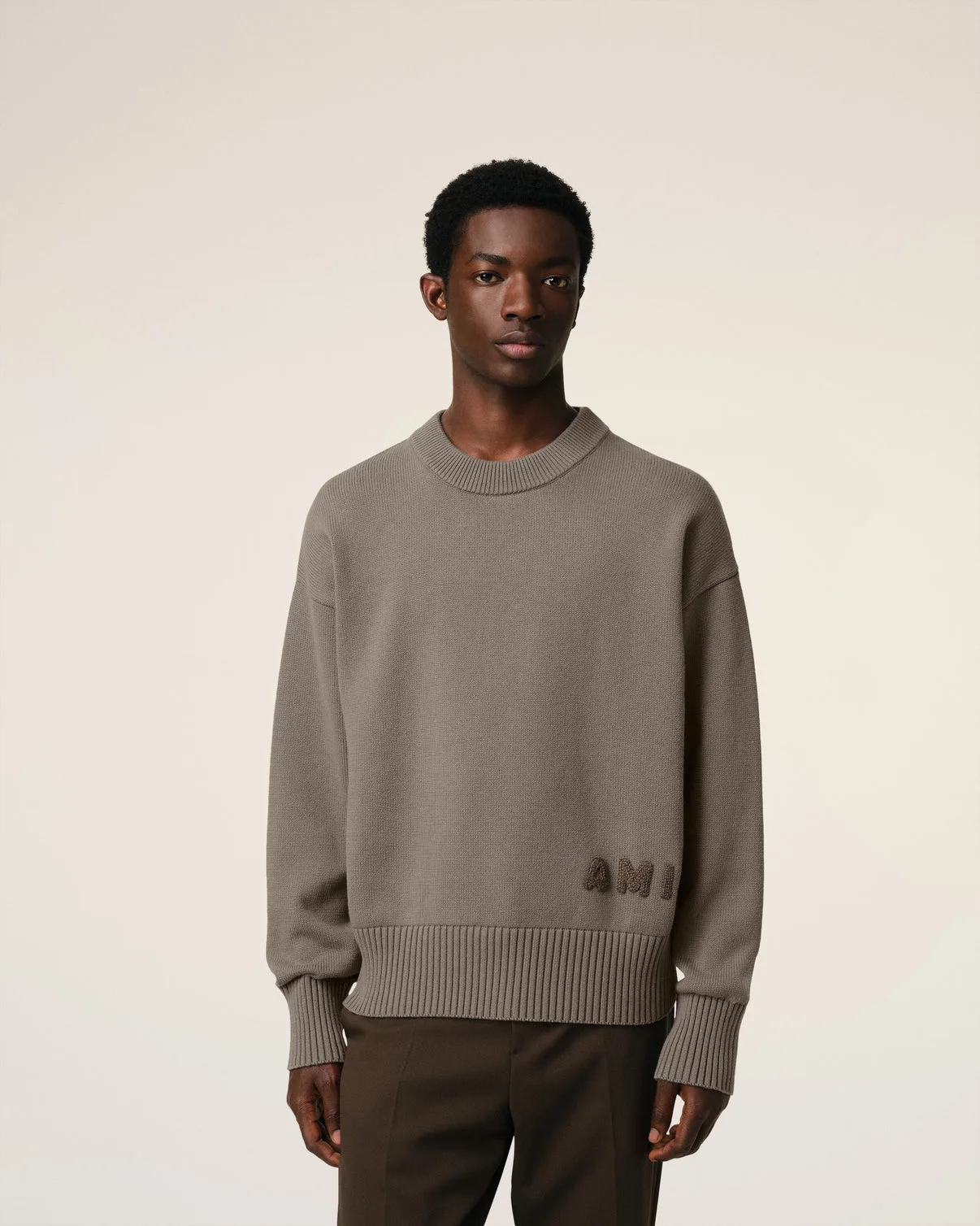 Beige Cotton Embroidered Crewneck Sweater