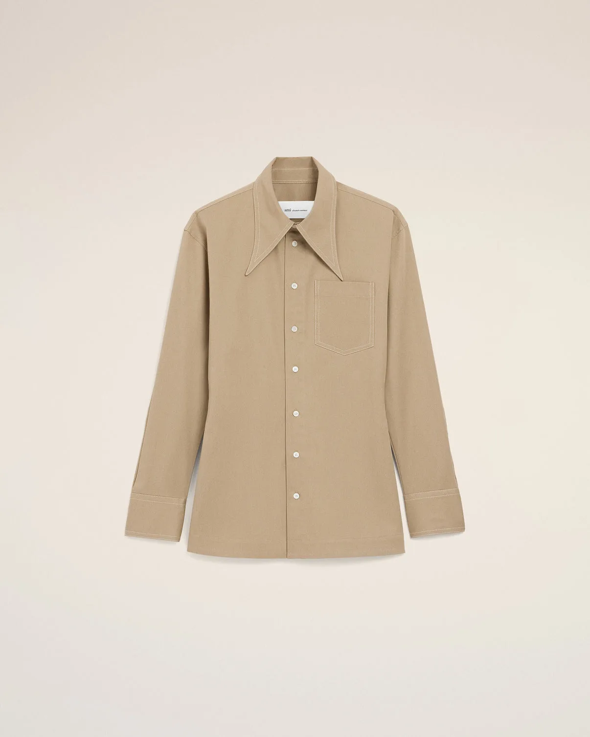Beige Cotton Sharp Collar Fitted Shirt