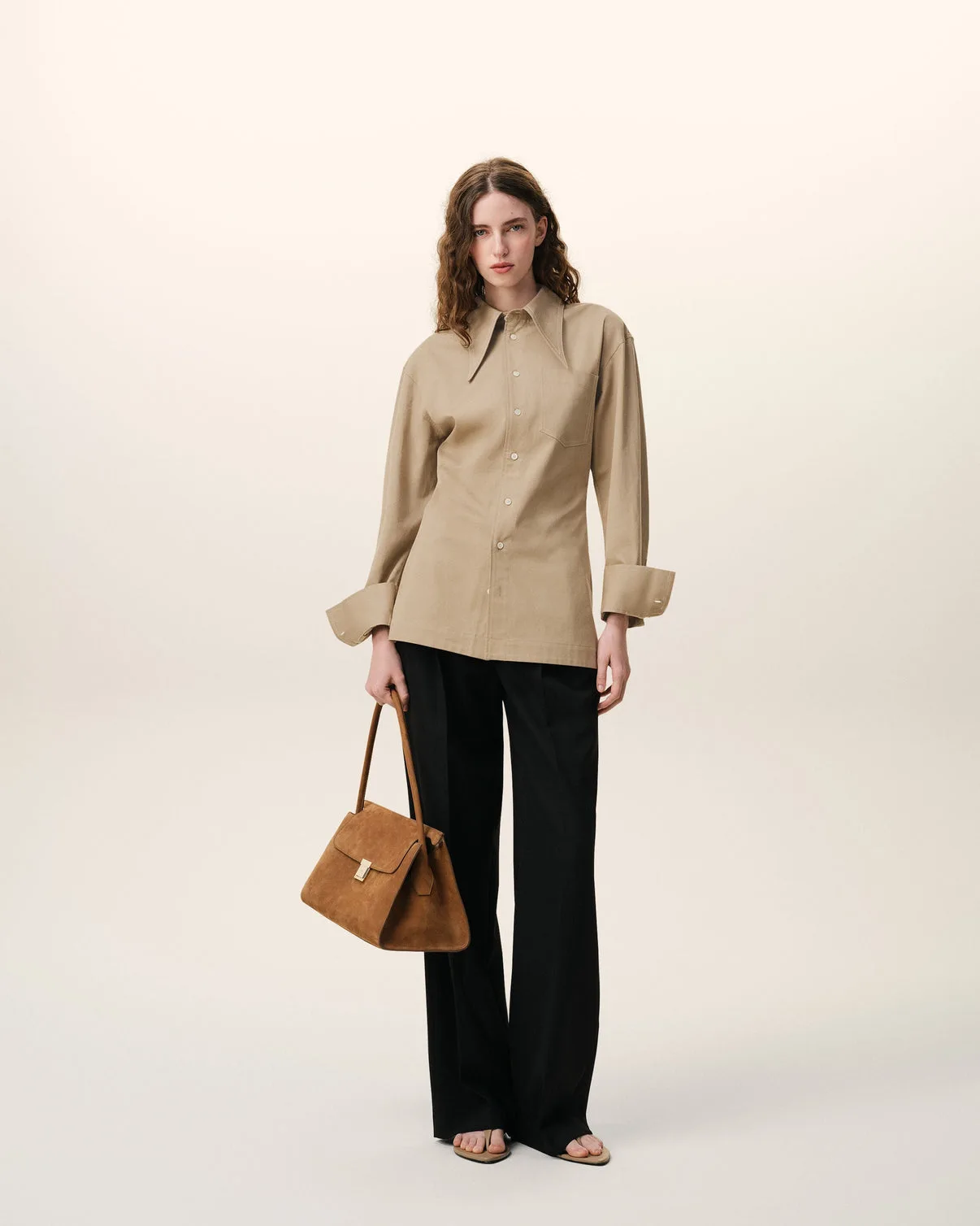 Beige Cotton Sharp Collar Fitted Shirt