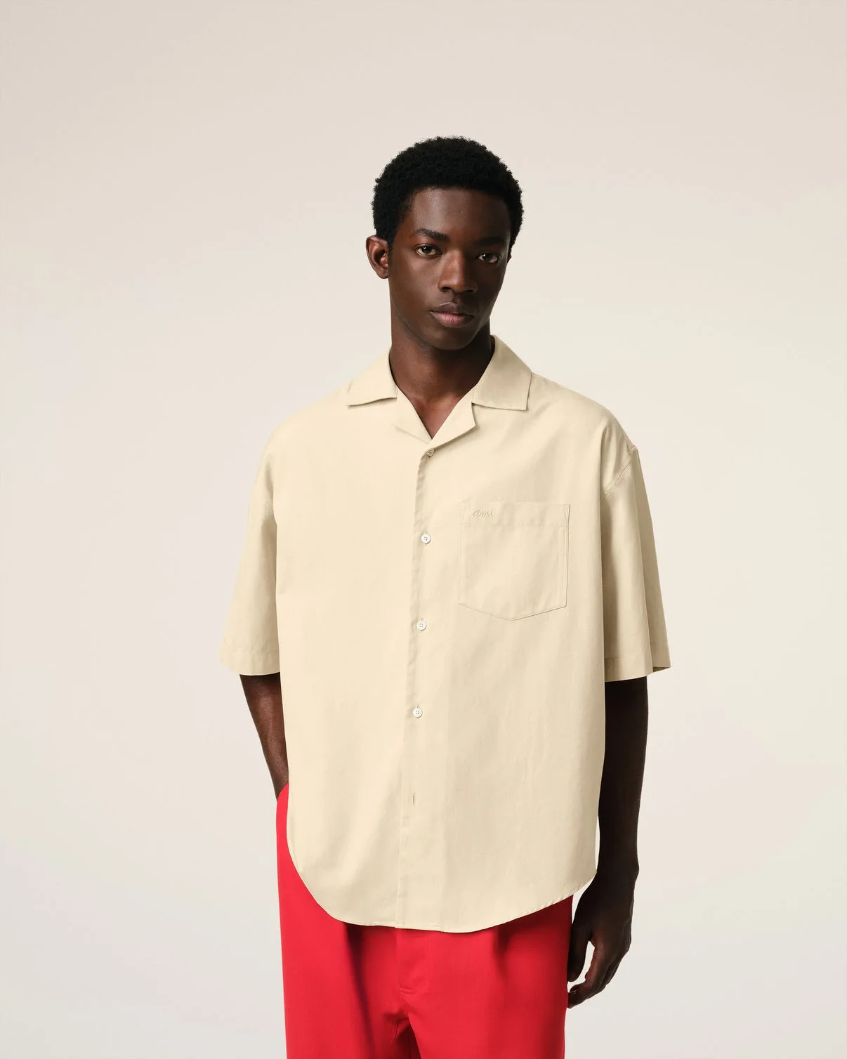 Beige Cotton Short Sleeve Boxy Shirt