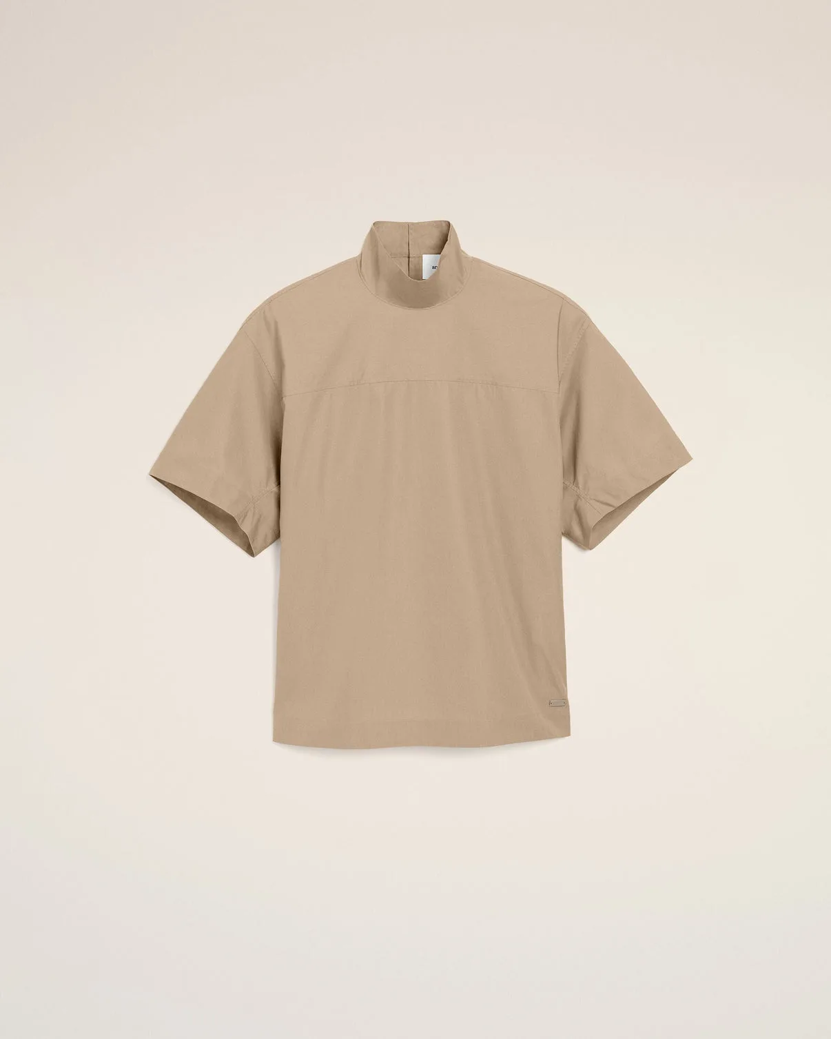 Beige Cotton Stand Up Collar Buttoned Top