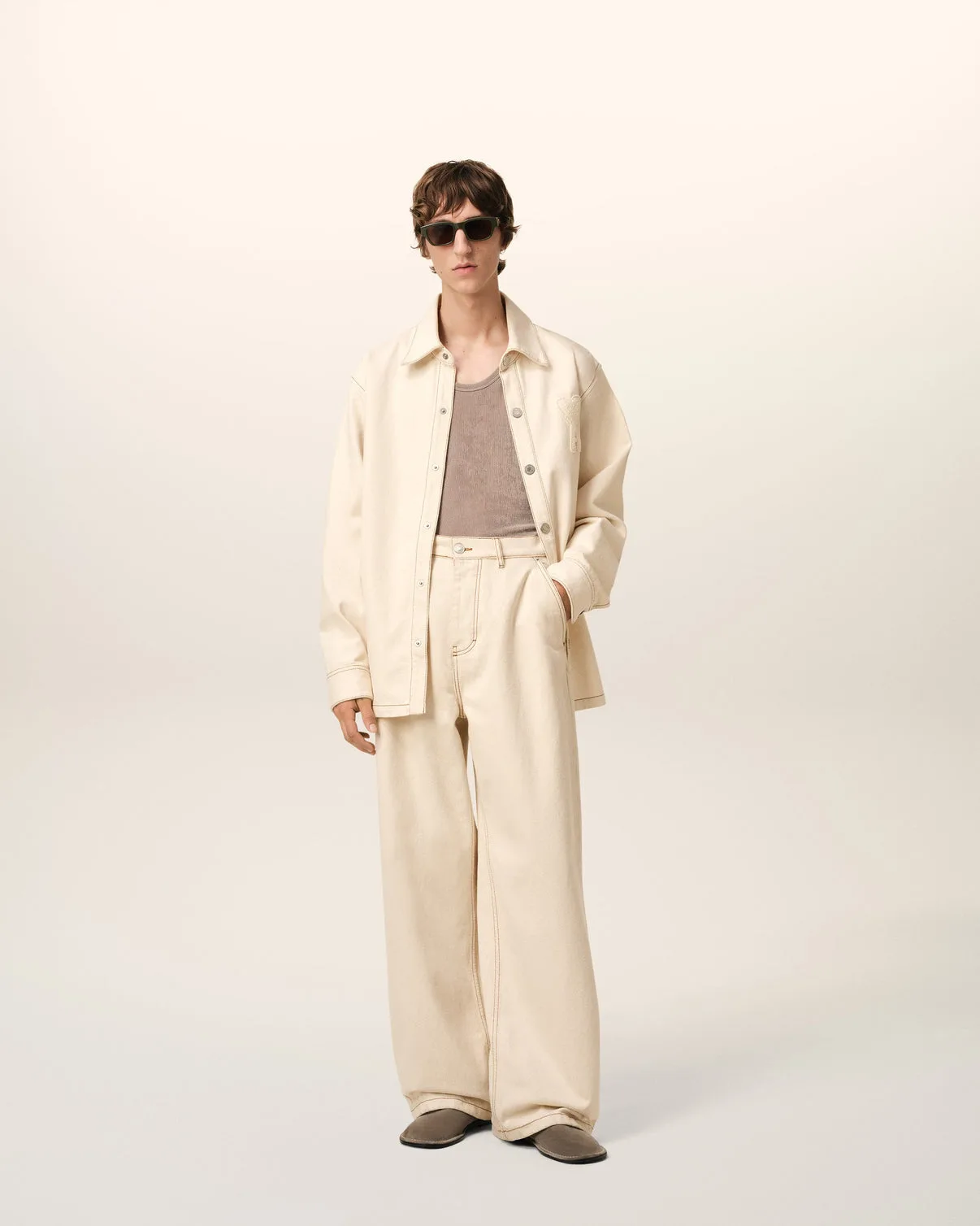 Beige Cotton Wide Fit Jeans