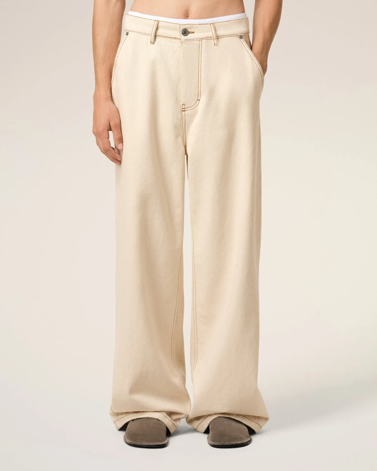 Beige Cotton Wide Fit Jeans