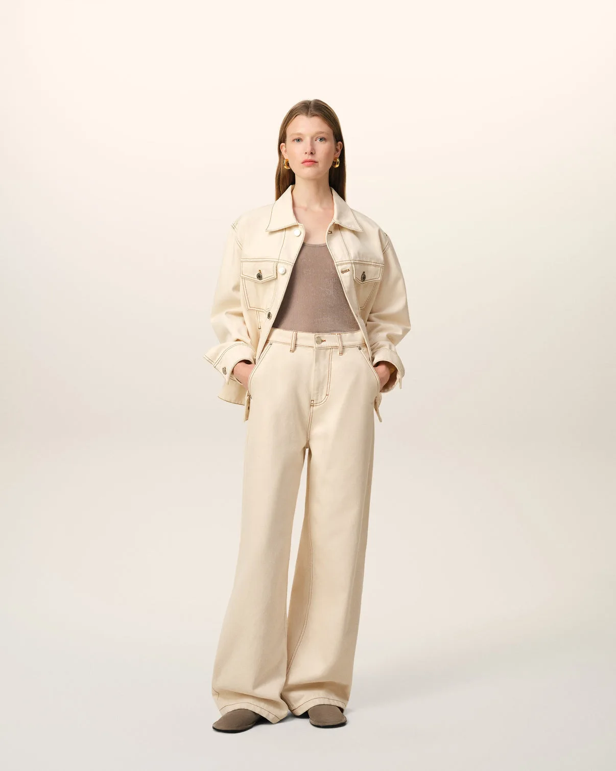 Beige Cotton Wide Fit Jeans