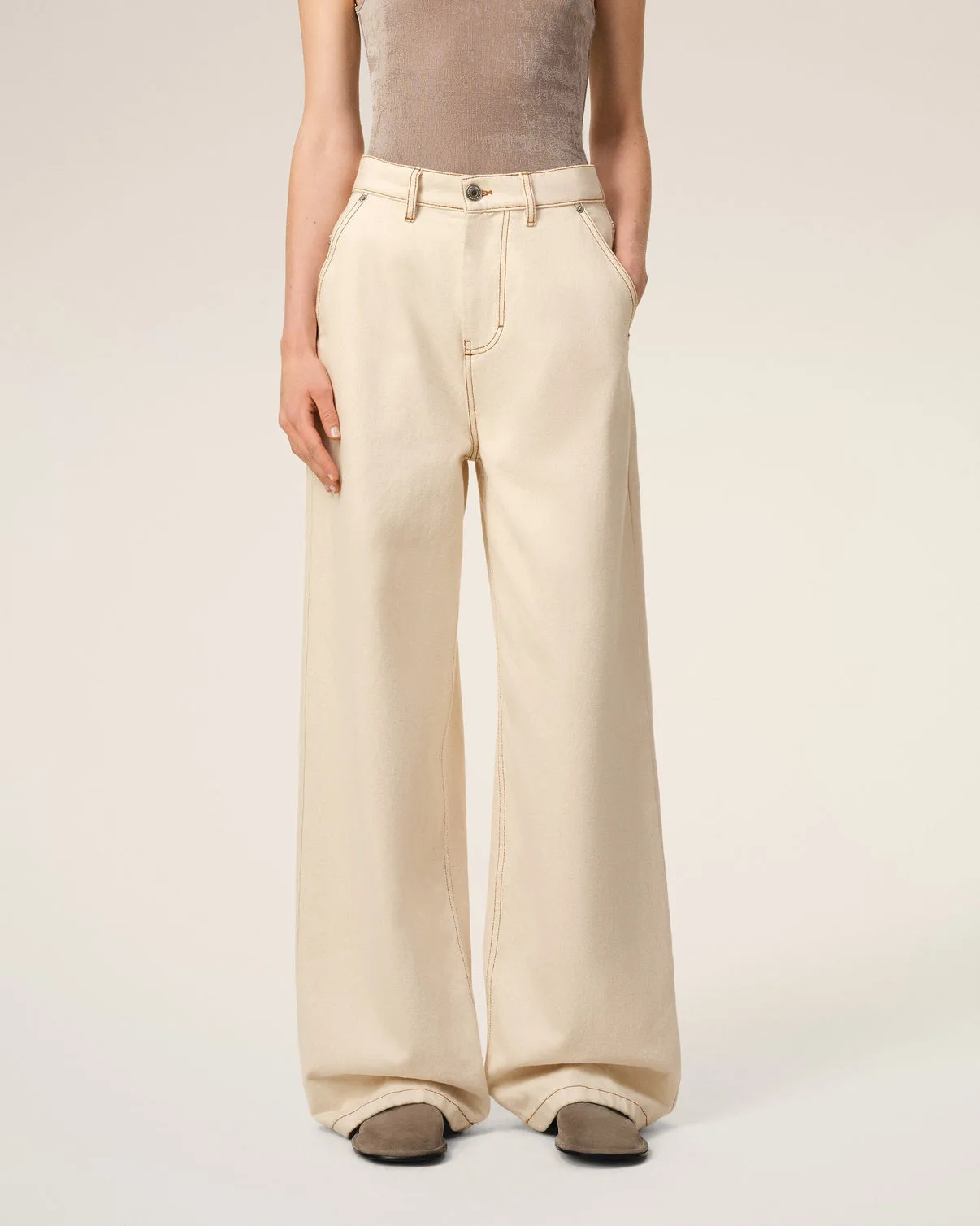Beige Cotton Wide Fit Jeans