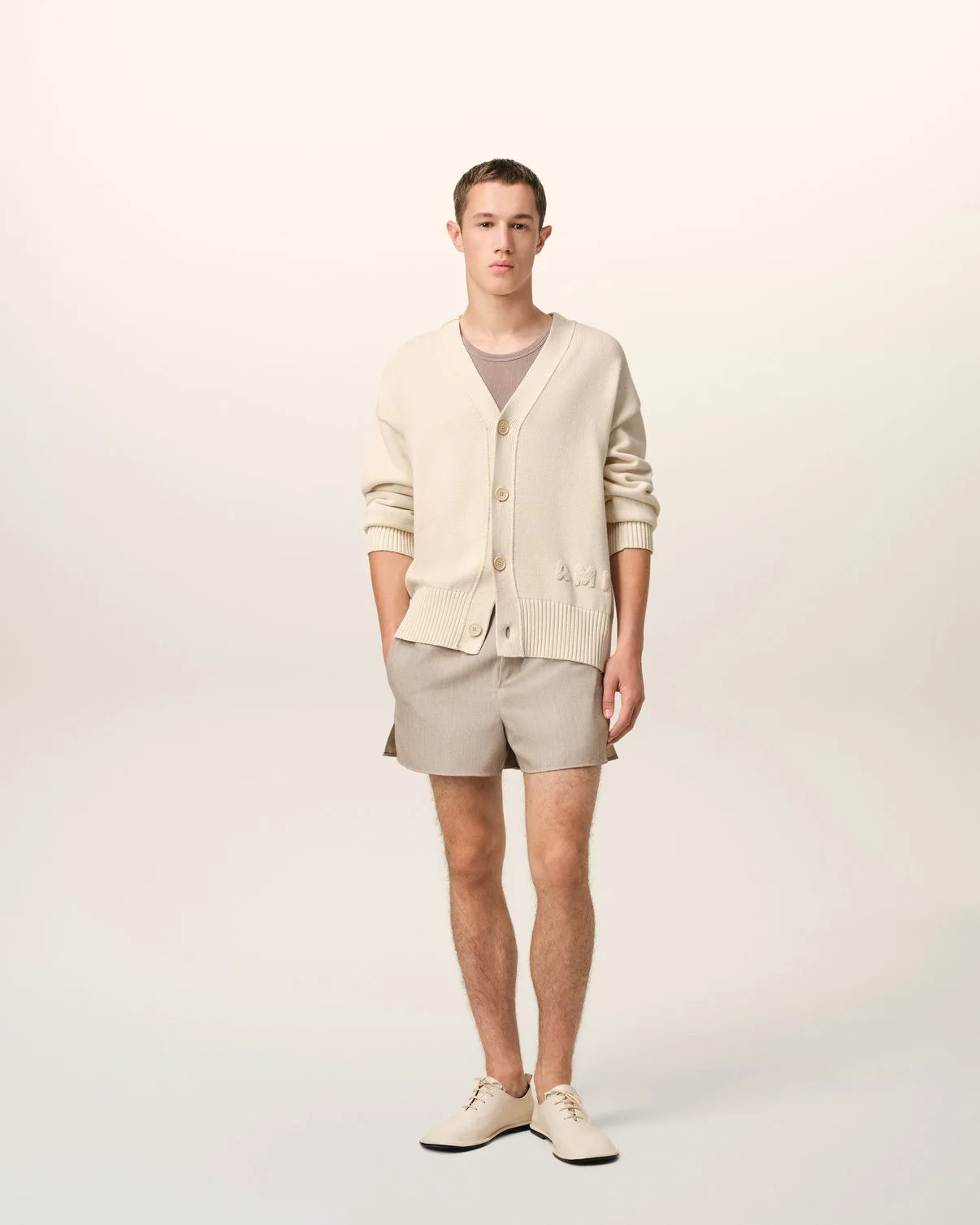 Beige Cotton Wool Embroidered Cardigan
