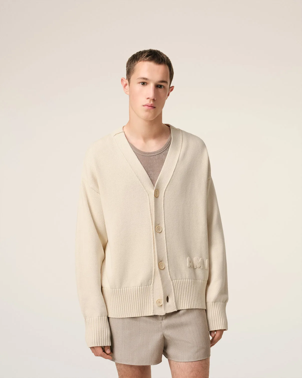 Beige Cotton Wool Embroidered Cardigan