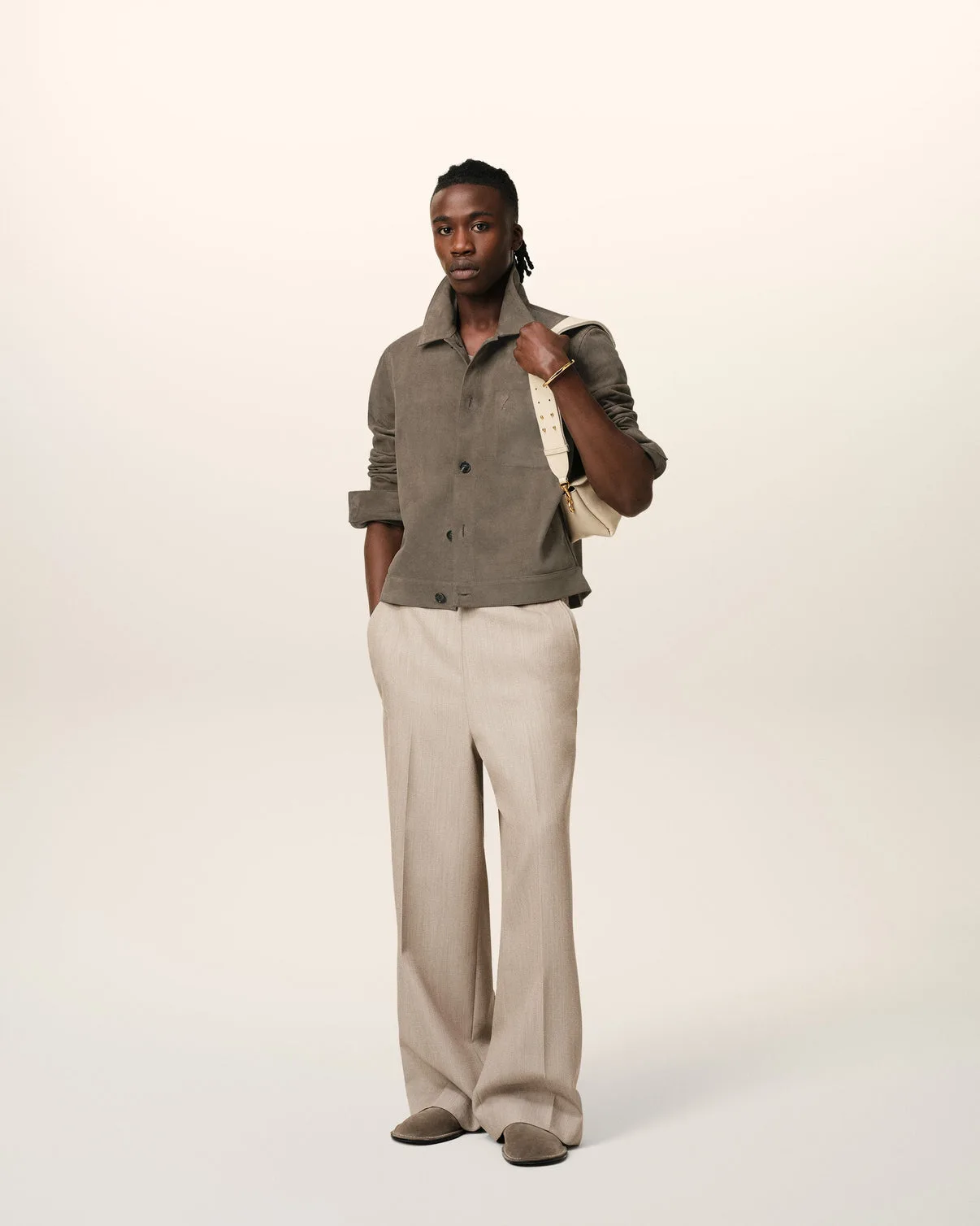 Beige Leather Buttoned Jacket