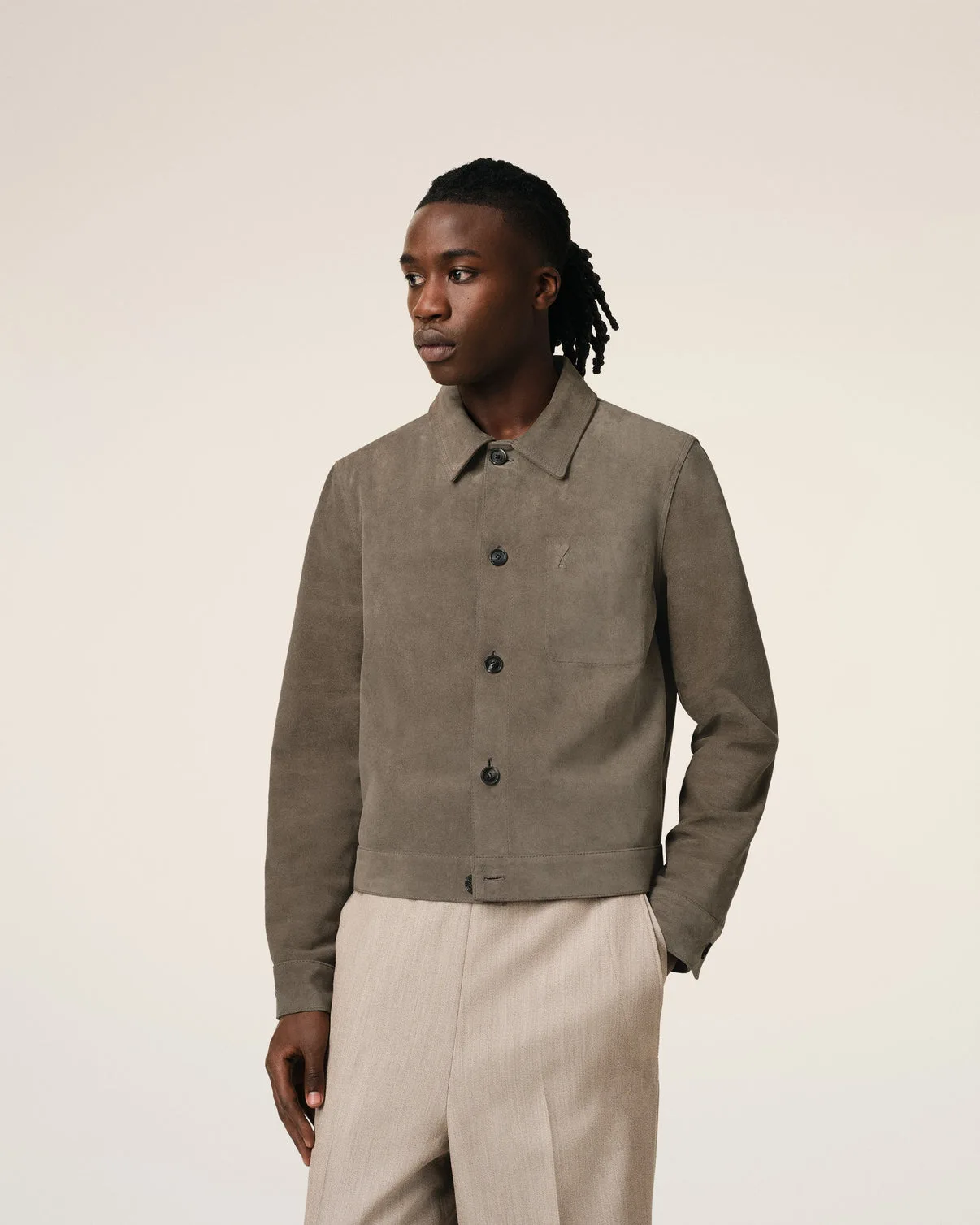 Beige Leather Buttoned Jacket