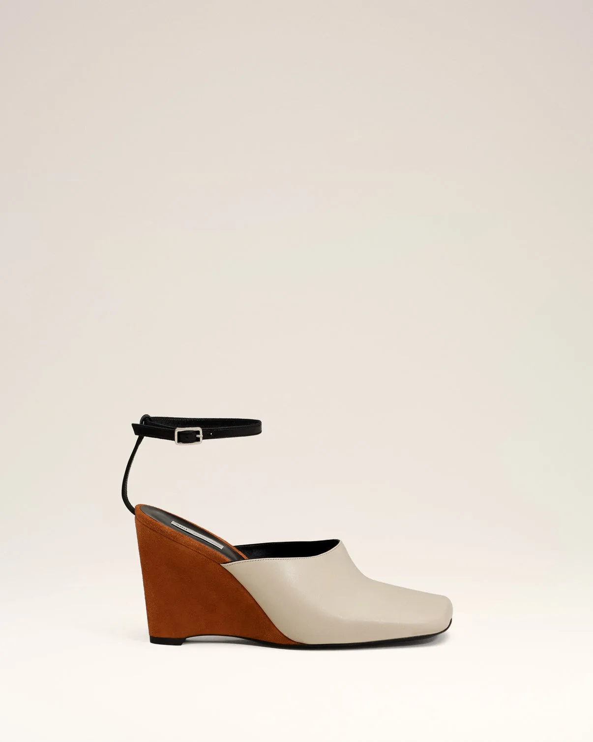 Beige Leather Wedge Mules