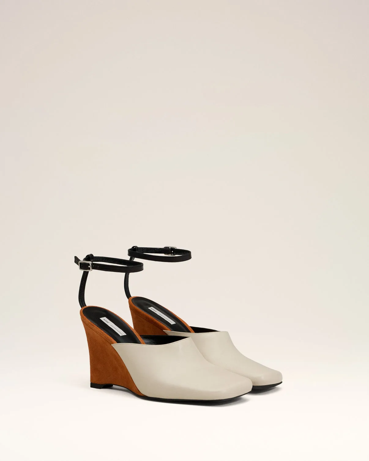 Beige Leather Wedge Mules