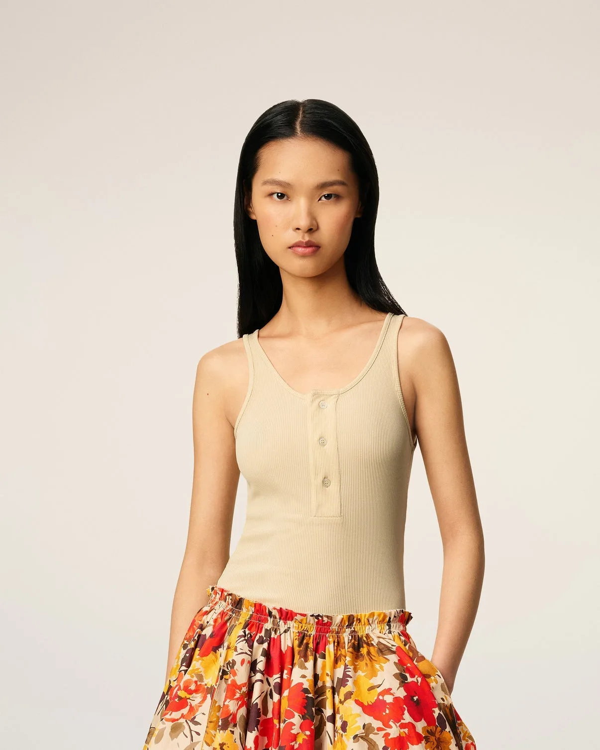 Beige Light Ribbed Jersey Tanktop