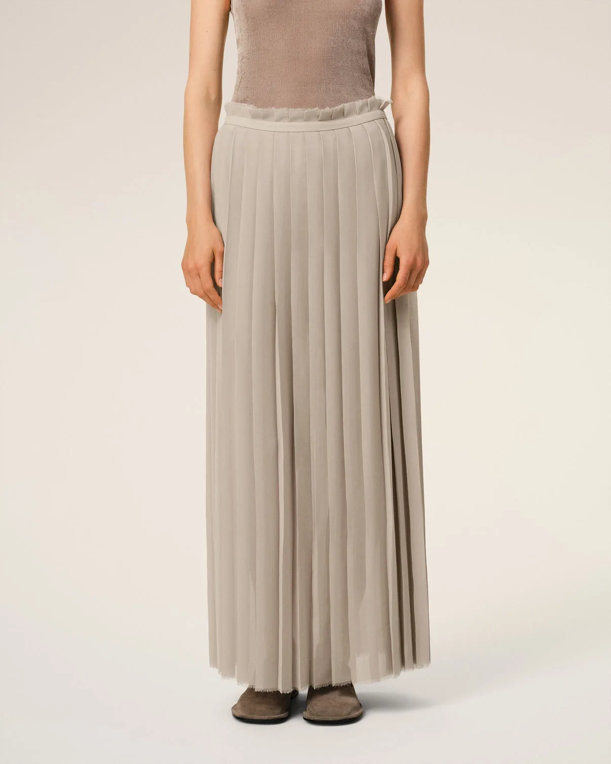 Beige Long Pleated Skirt