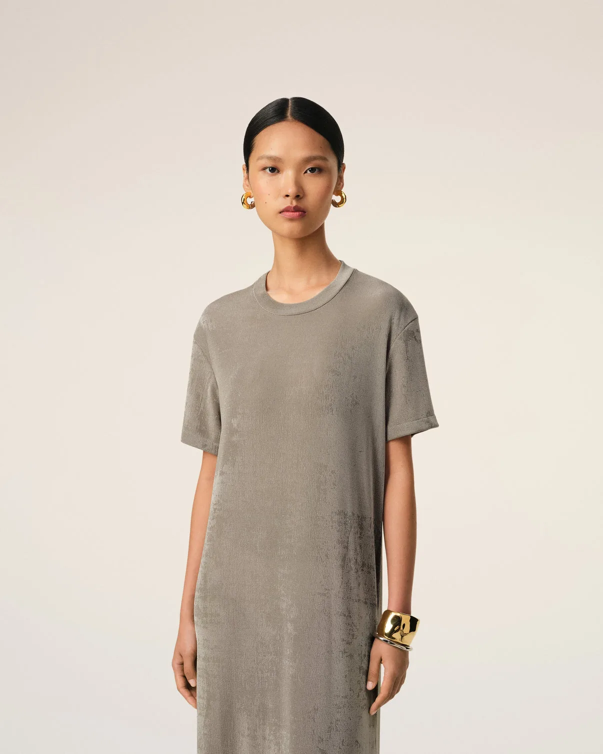 Beige Rib Jersey Short Sleeve Long Dress