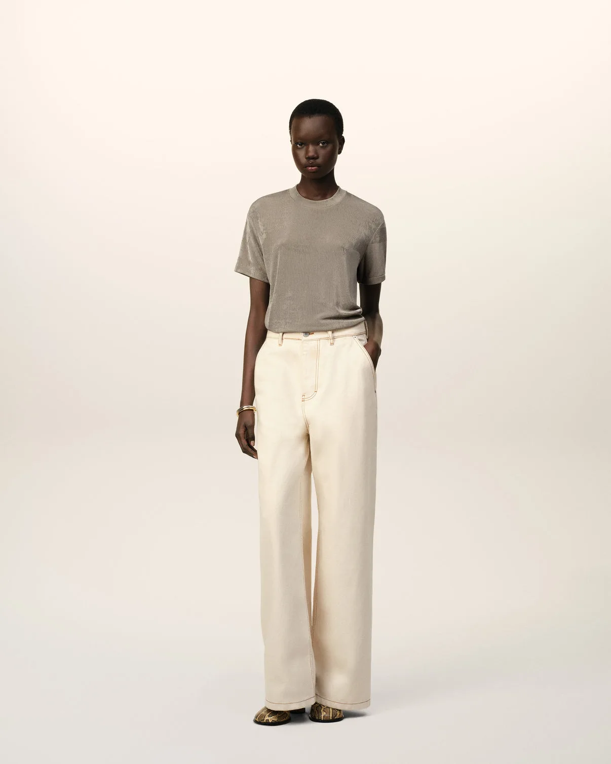 Beige Shiny Jersey Short Sleeve T-Shirt