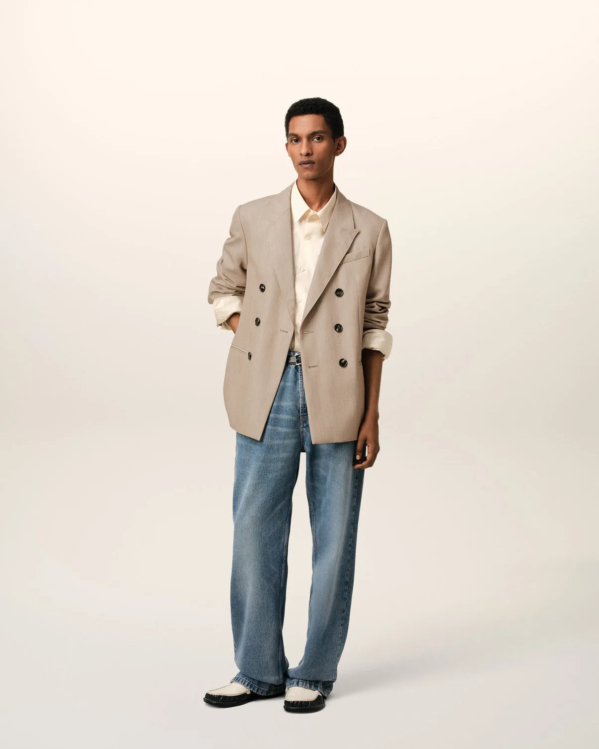 Beige Wool Back Slit Double Breasted Jacket