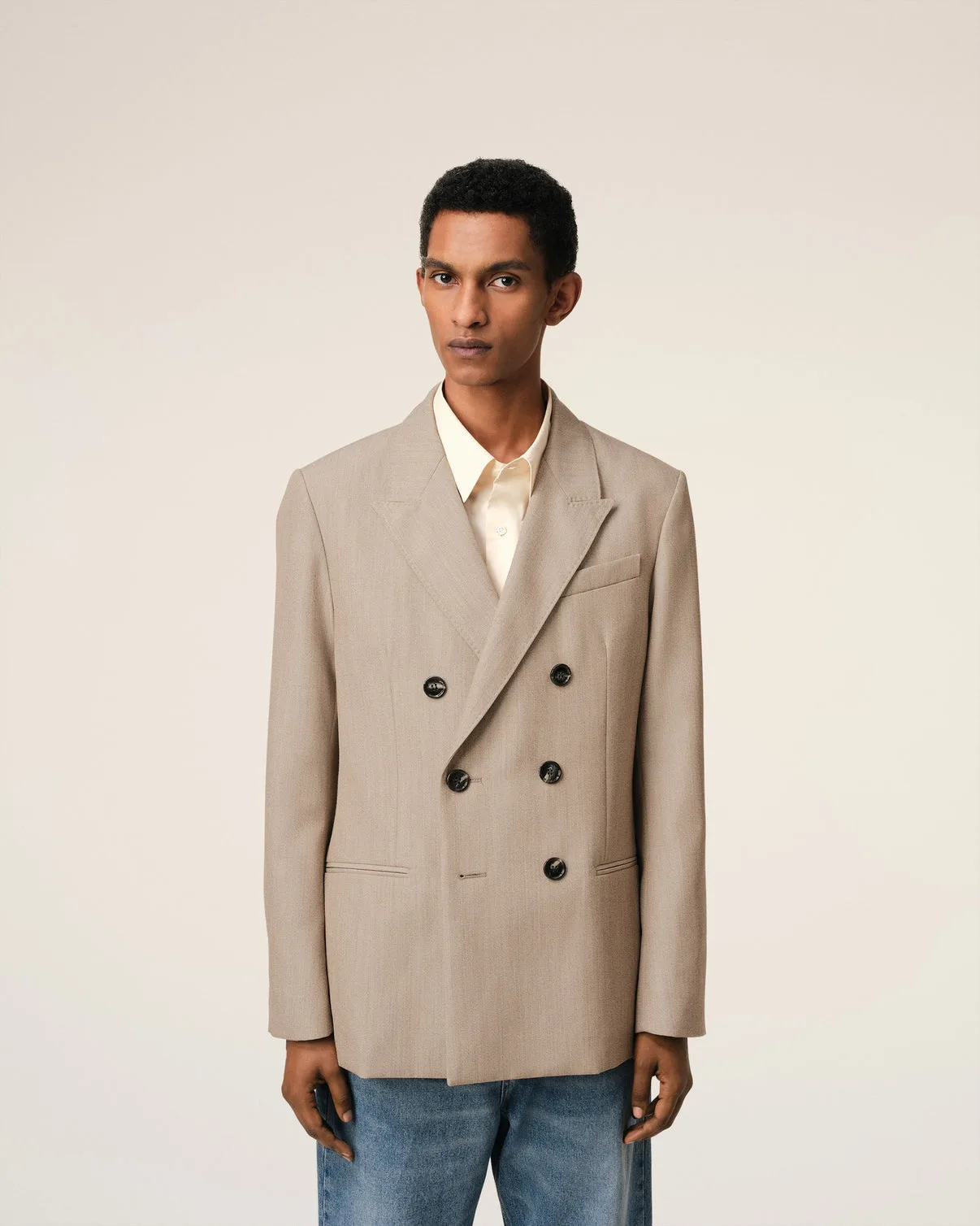 Beige Wool Back Slit Double Breasted Jacket