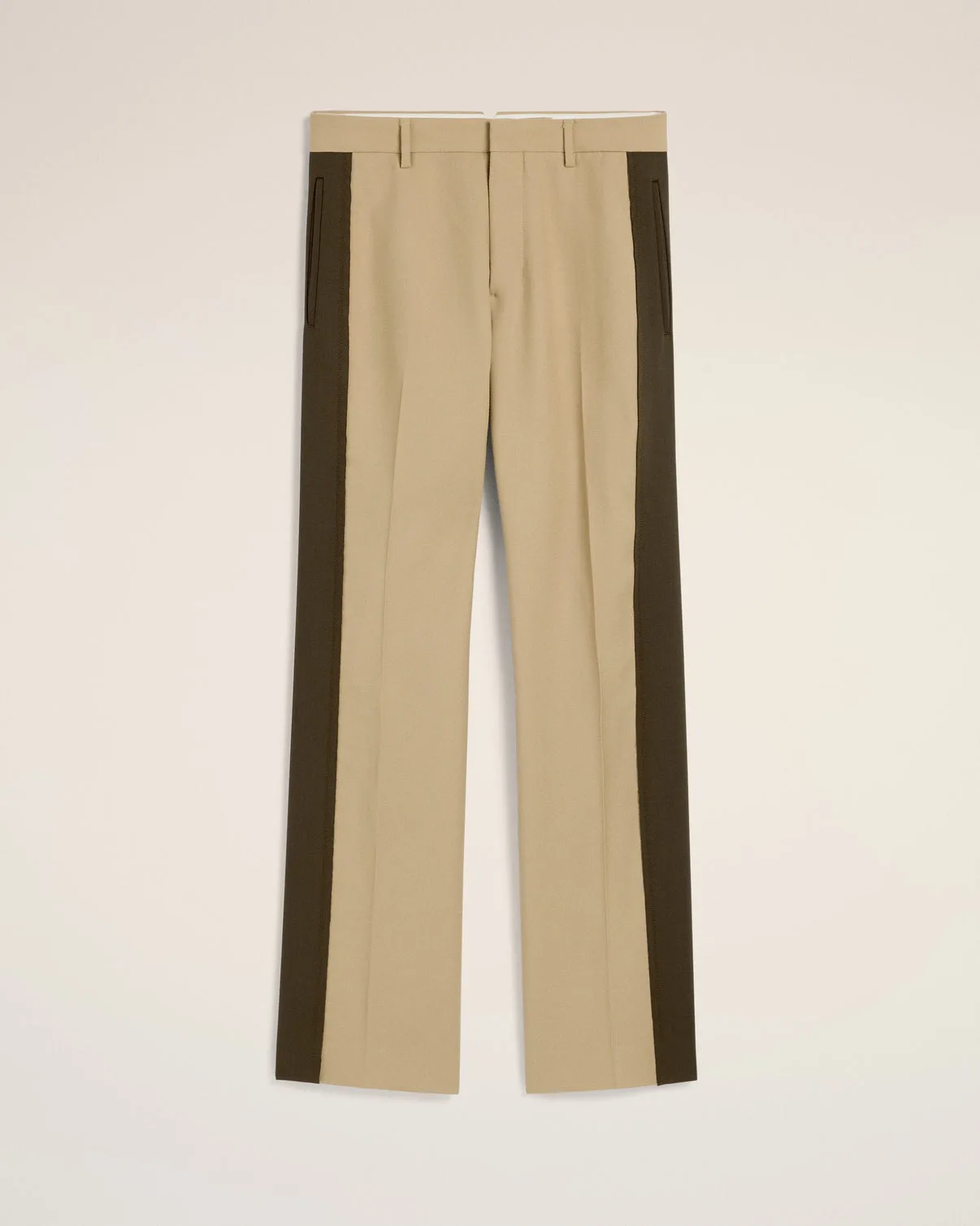 Beige Wool Contrasted Band Straight Pants