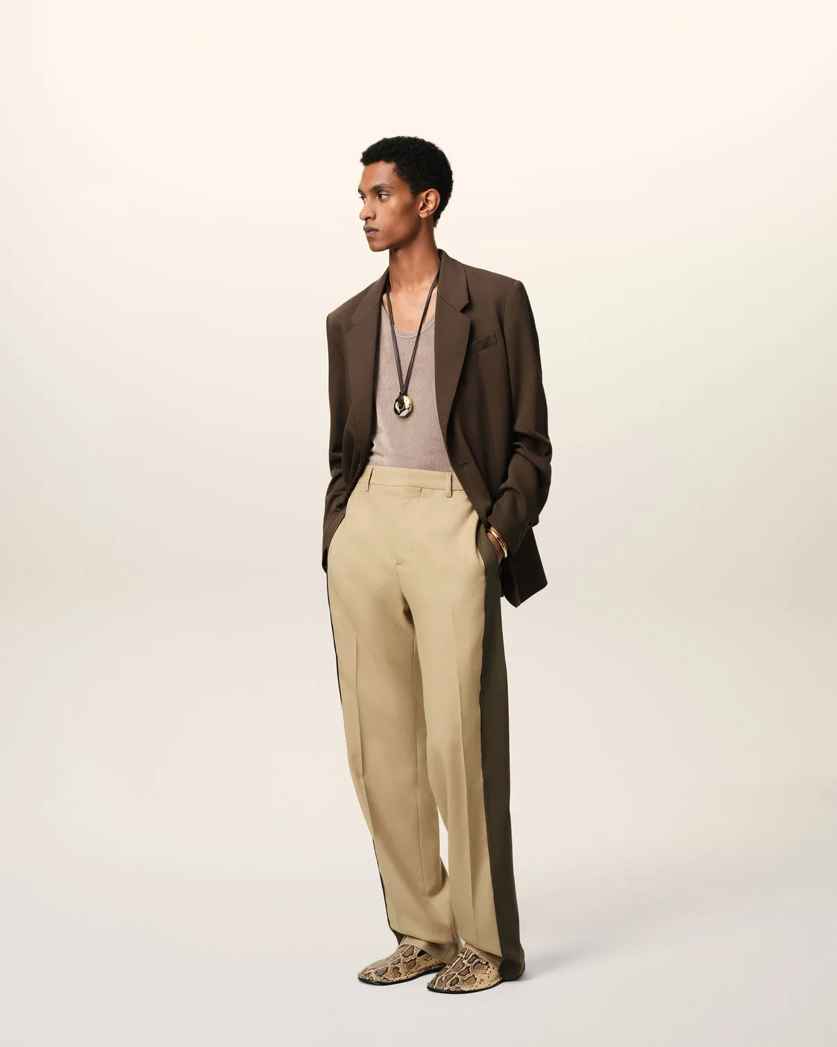 Beige Wool Contrasted Band Straight Pants
