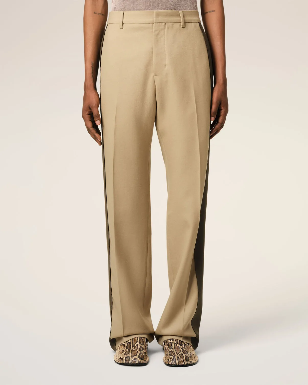 Beige Wool Contrasted Band Straight Pants