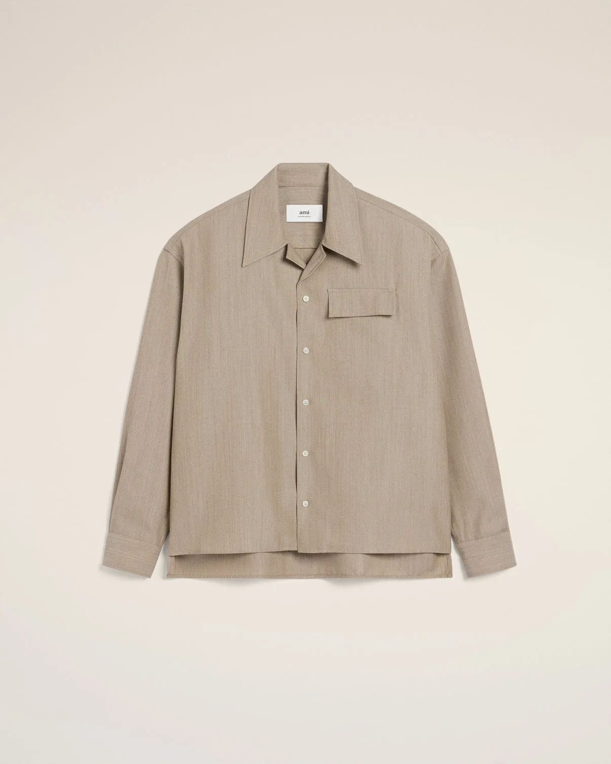 Beige Wool Long Sleeve Camp Collar Overshirt