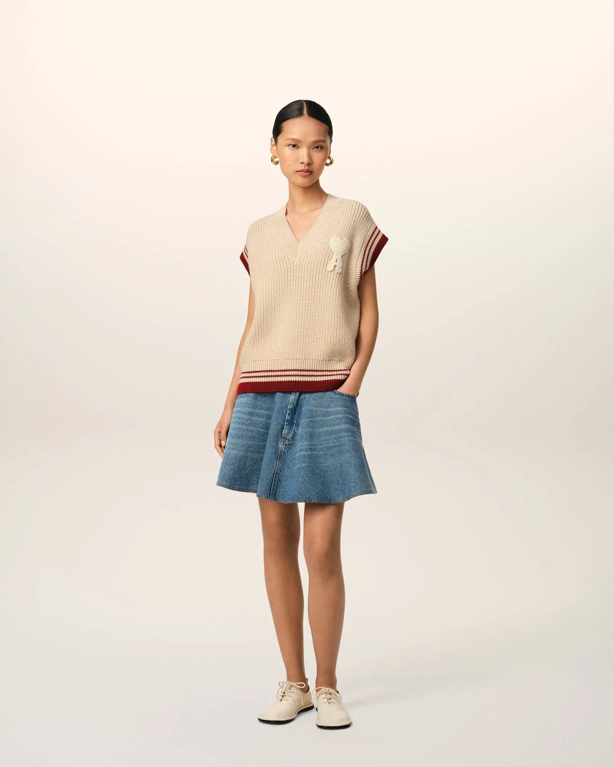 Beige Wool Ribbed Sleeveless V Neck Sweater